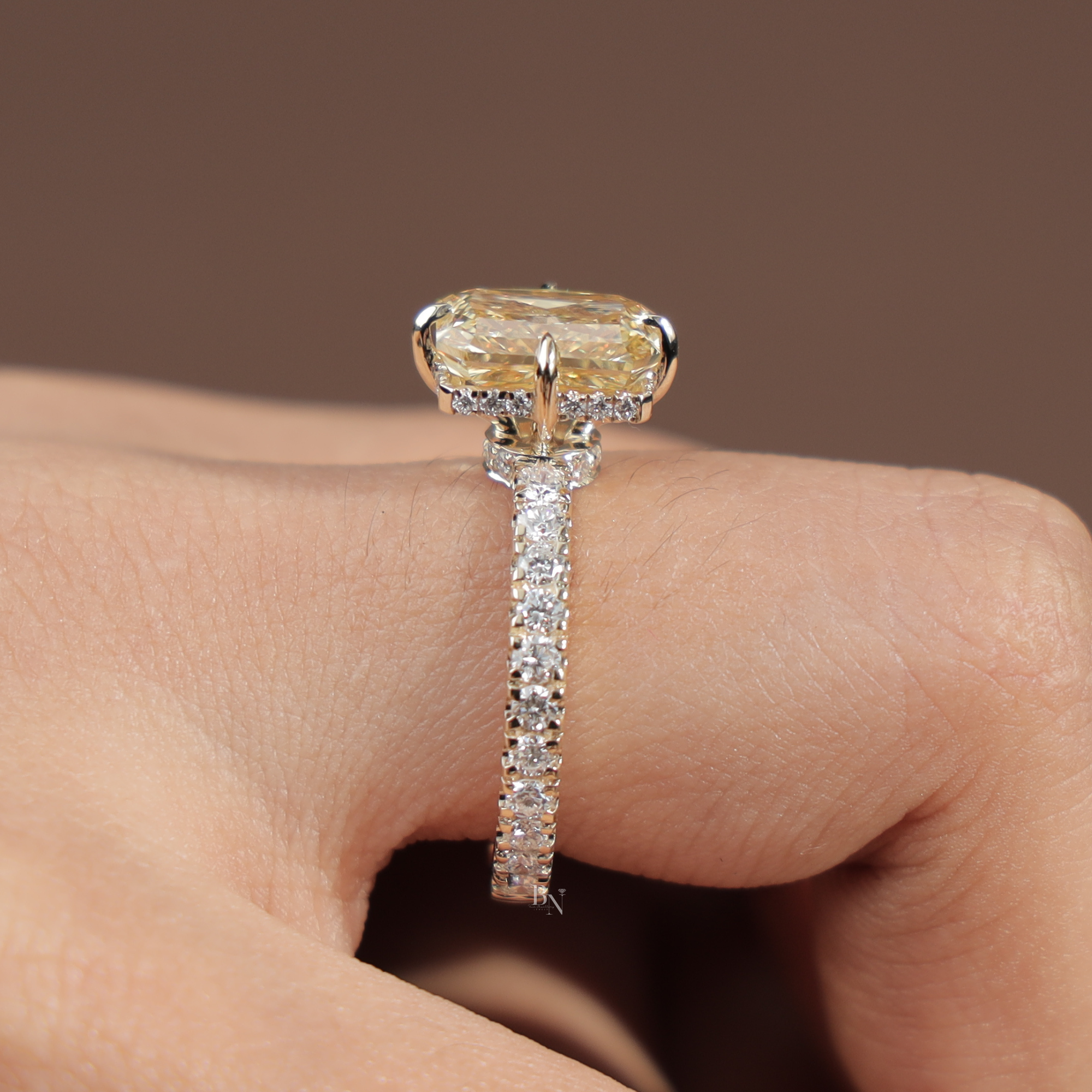 3.5ct Radiant Cut Fancy Yellow Lab Grown Diamond Engagement Ring | Hidden Halo | 14K White Gold Pave Band | IGI Certified Canary Diamond