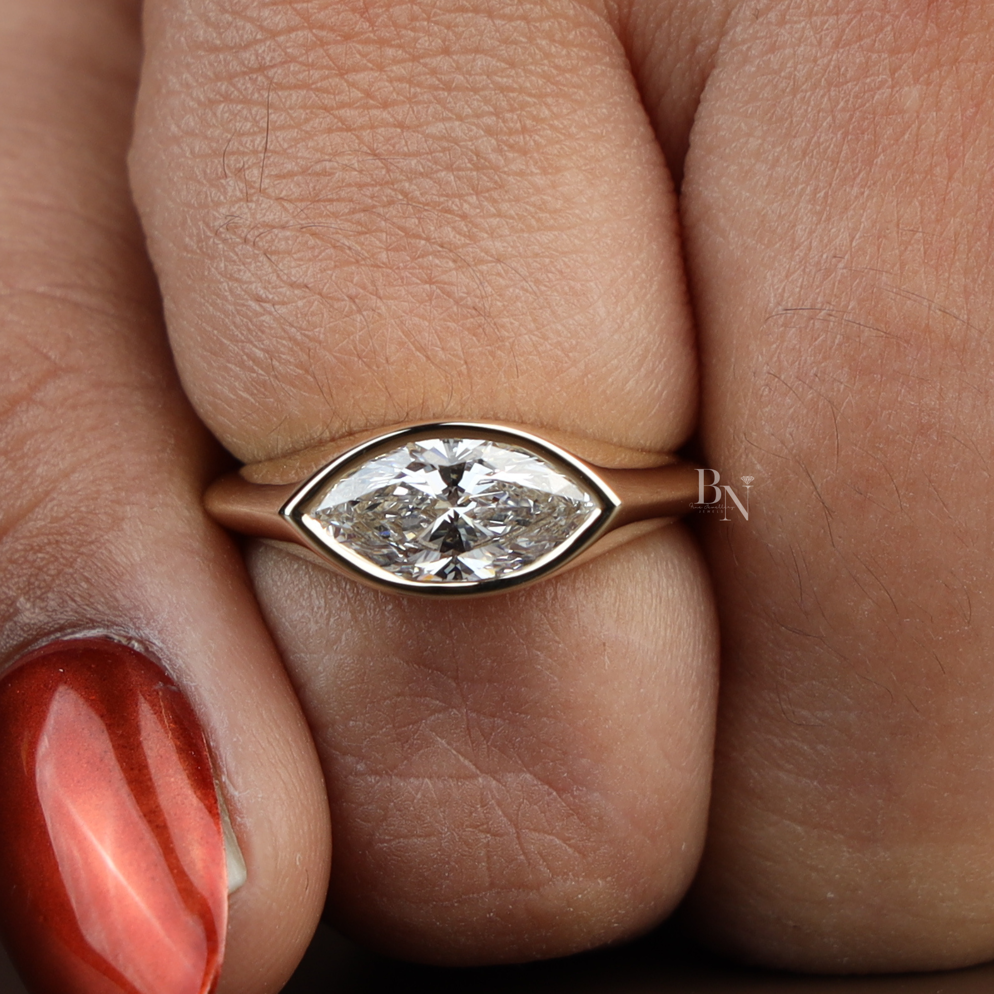 1.25ct Marquise Lab Diamond Engagement Ring | East West Bezel Set Solitaire | 14k Gold Minimalist Ring | Modern Unique Proposal Jewelry