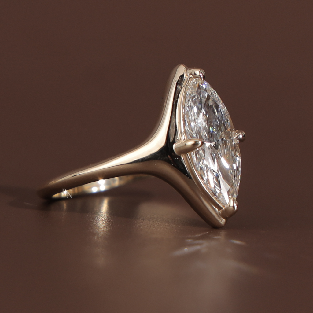 2.5ct Marquise Lab Grown Diamond Engagement Ring | 14K Yellow Gold Bezel Set Solitaire | Unique V Prong Bridal Ring | IGI Certified Jewelry
