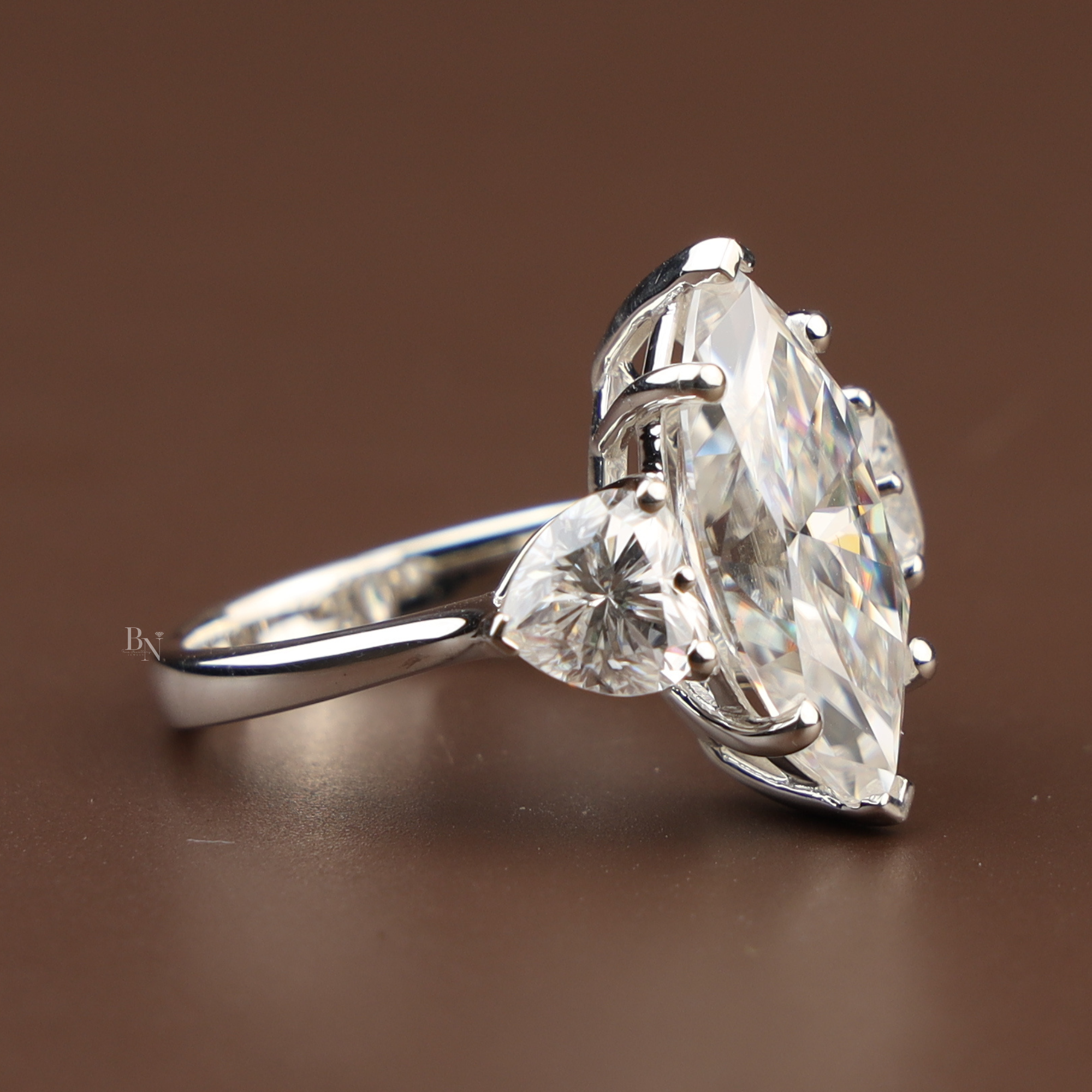 5.50ct Marquise Lab Grown Diamond Engagement Ring | Heart Side Stones | 14K White Gold Three Stone Ring | IGI Certified | V-Tip Solitaire