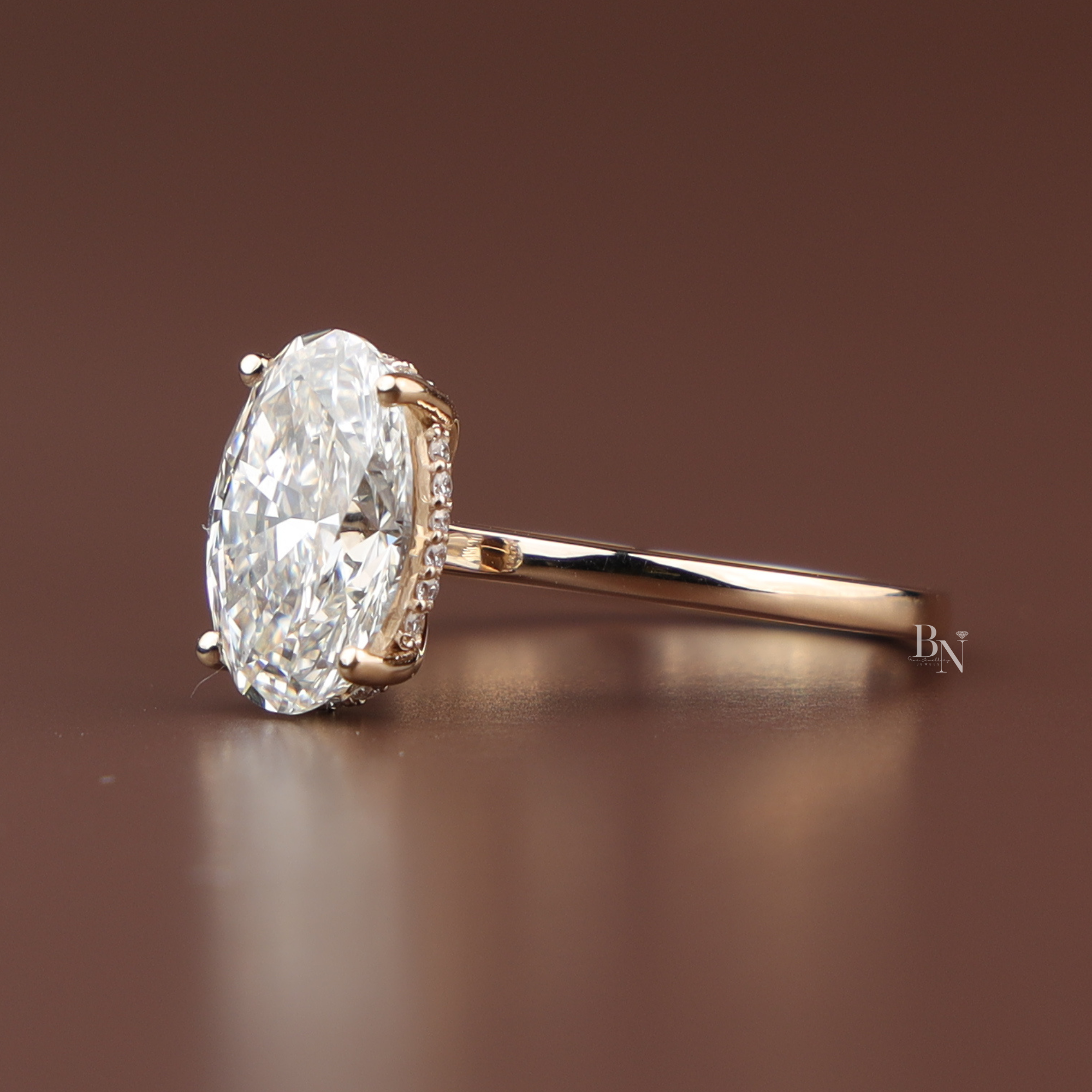 3ct Oval Lab Diamond Engagement Ring, Yellow Gold Hidden Halo Solitaire Ring, Classic Plain Band Wedding Ring, Minimalist Bridal Jewelry