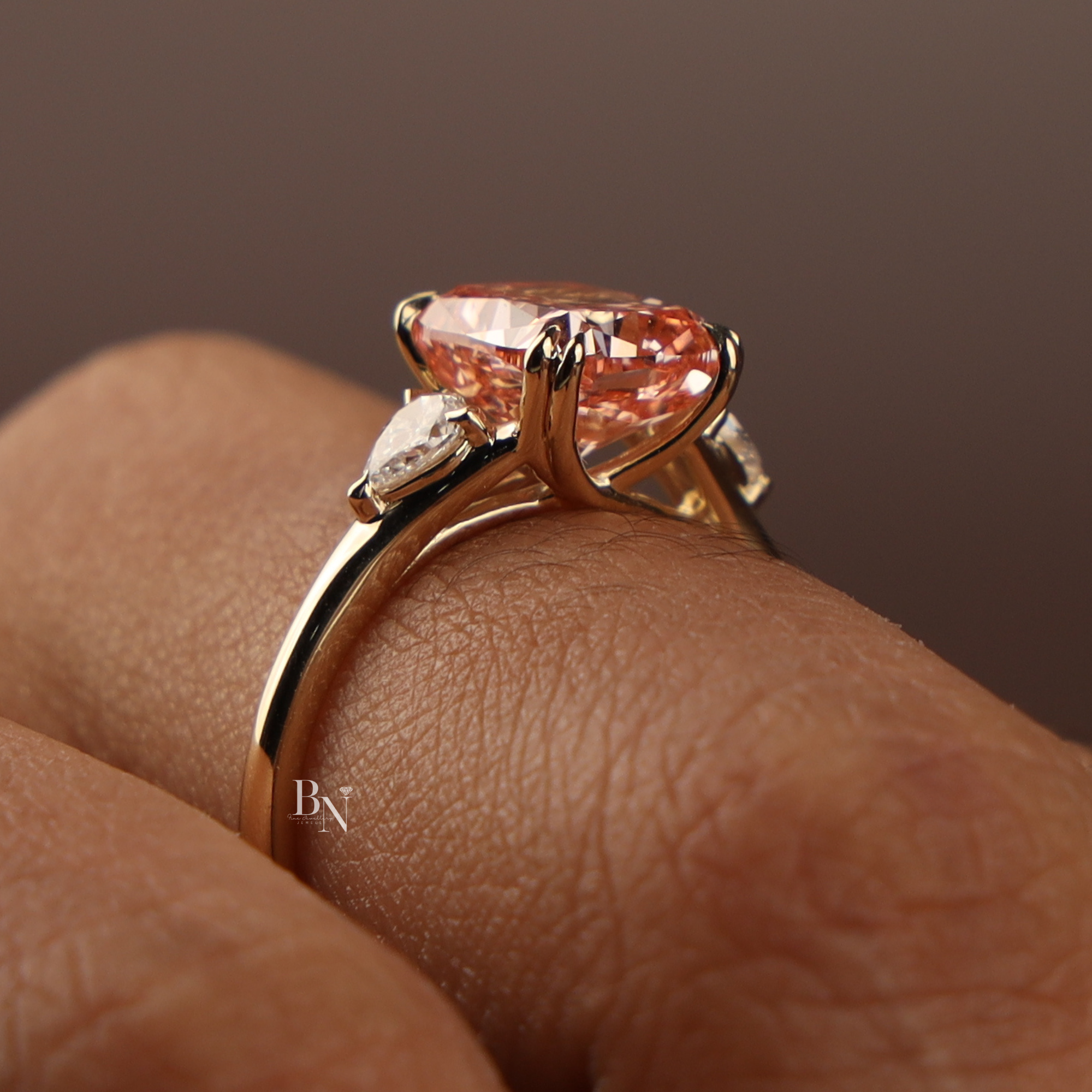 3ct Fancy Pink Cushion Lab Diamond Engagement Ring, 14K Gold Three Stone Bridal Ring, Pink Cushion Cut Anniversary Ring, Pear Side Stone Ring