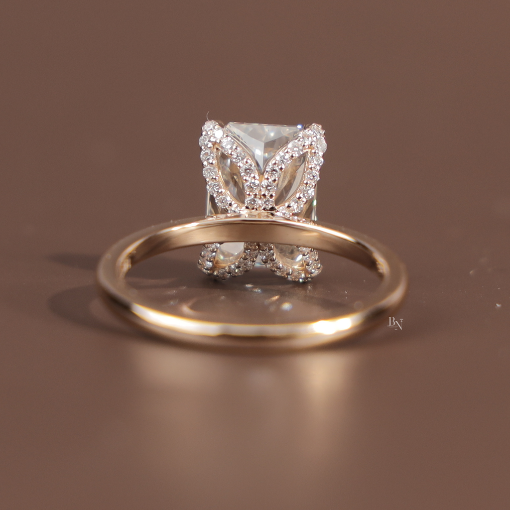 3.5ct Radiant Cut Lab Grown Diamond Engagement Ring | Hidden Halo Pave Bridge | 14K Yellow Gold Bridal Ring | Type IIa IGI Certified Diamond