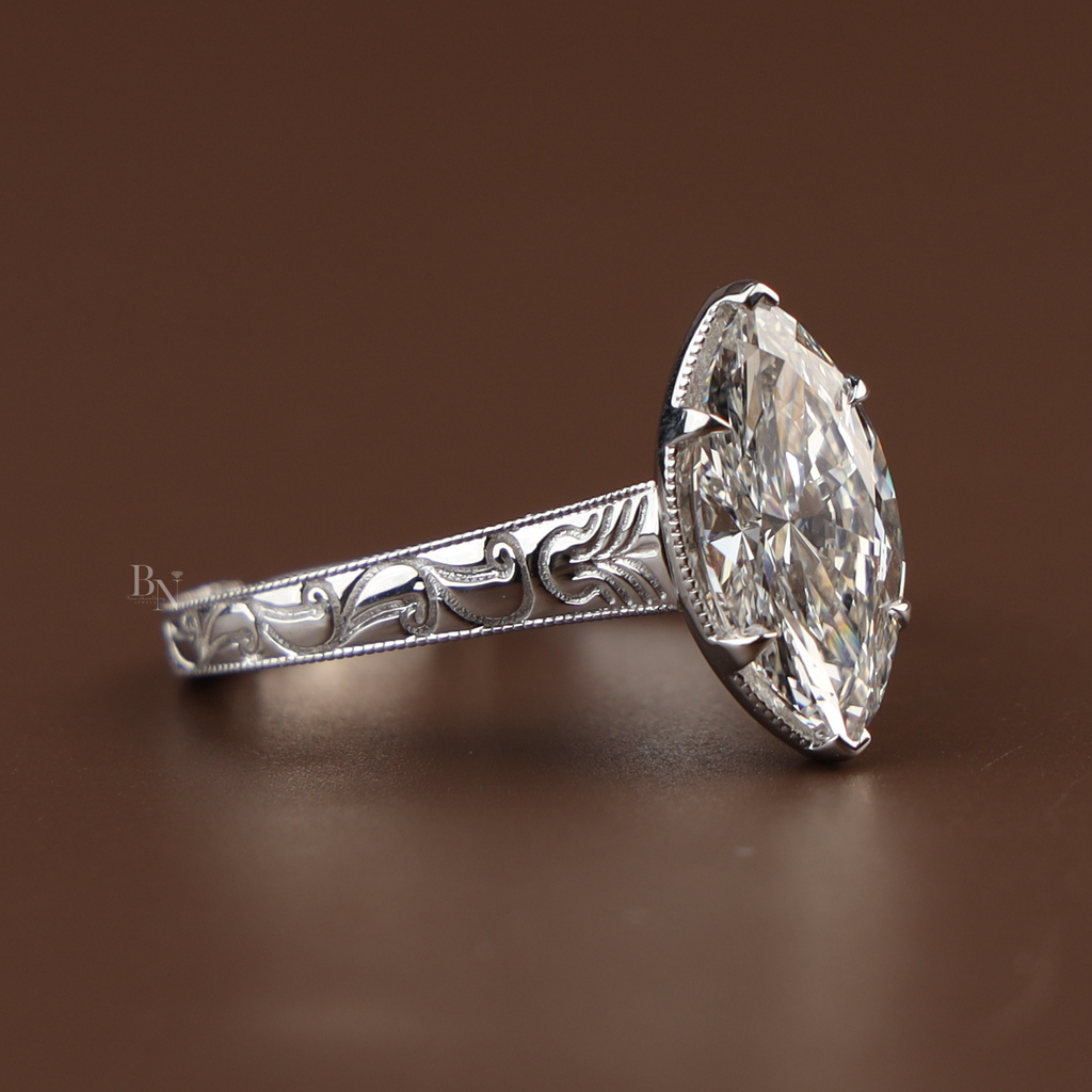 3ct Marquise Lab Diamond Engagement Ring | Vintage Art Deco Style | Engraved Antique Band | Milgrain Setting |Unique Proposal Ring