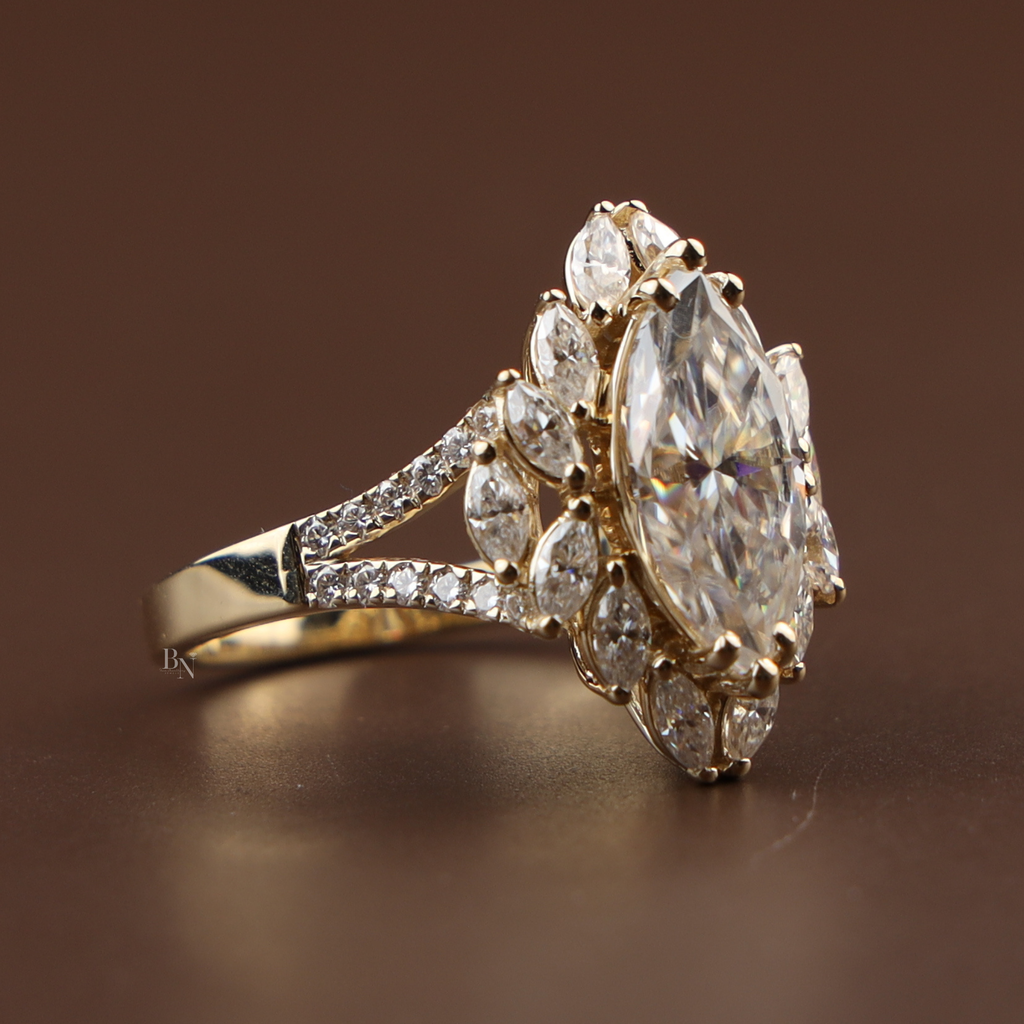 3ct Marquise Lab Diamond Engagement Ring | Marquise Cluster Halo Setting | Split Shank Gold Band | Unique Luxury Wedding Jewelry |