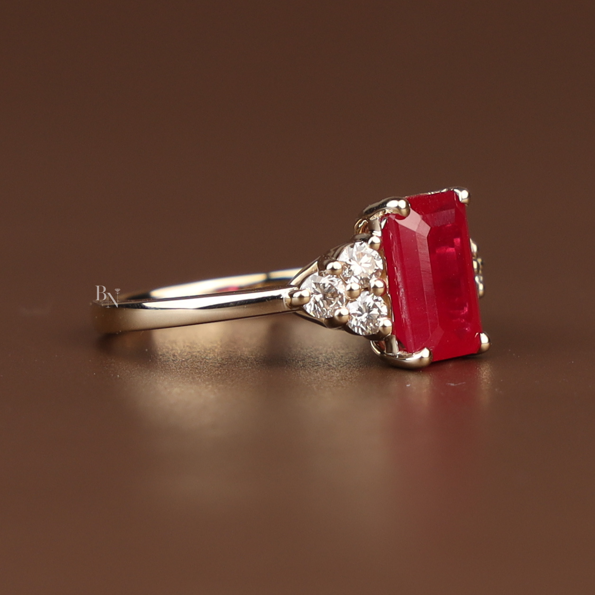 2ct Emerald Cut Red Lab Diamond Engagement Ring | 14K Yellow Gold | Hidden Halo | Triple Cluster Side Stone | Type IIa | IGI Certified Ruby