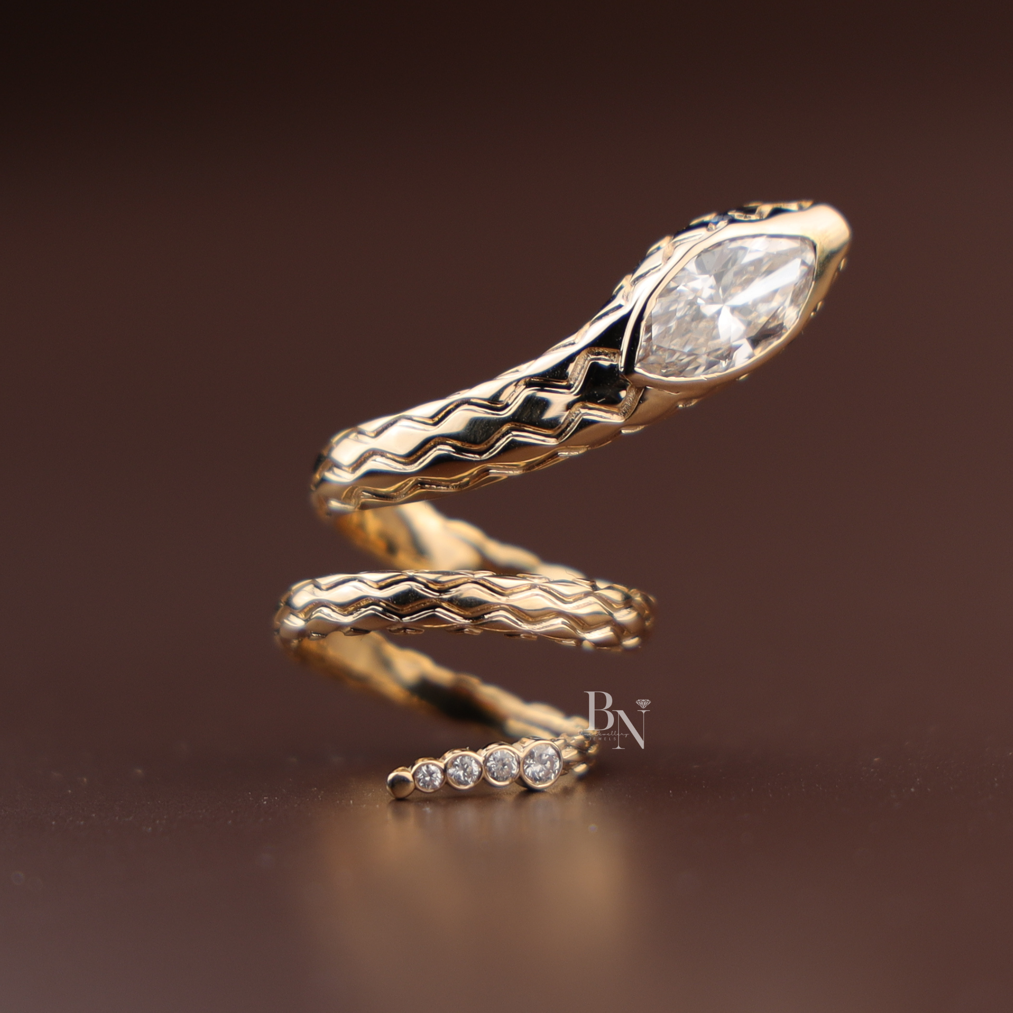 1ct Marquise Lab Diamond Snake Ring , 14K Yellow Gold Serpent Wrap Ring , Symbolic Animal Engagement Ring