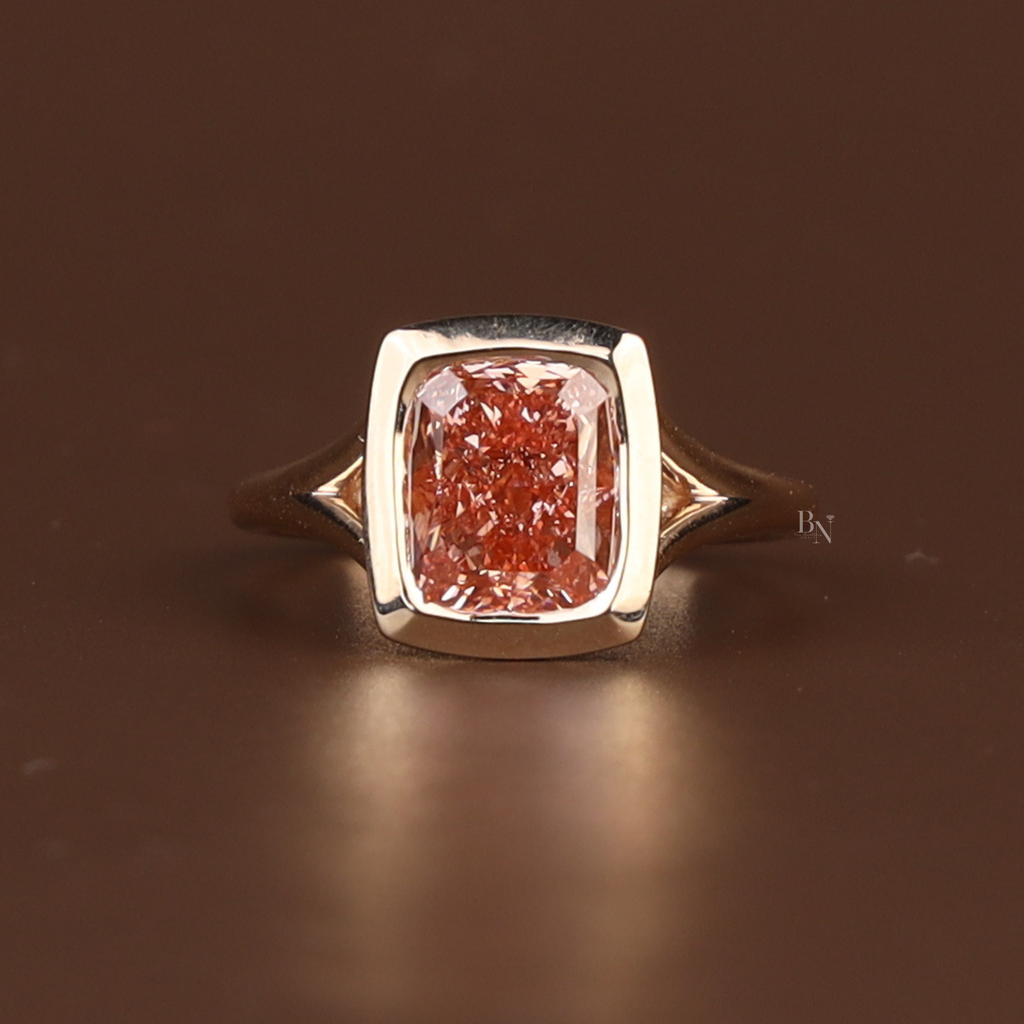 3ct Cushion Cut Fancy Pink Lab Grown Diamond Engagement Ring | 14K Solid Gold Bezel Set Solitaire | Split Shank Cathedral Bridal Ring | IGI
