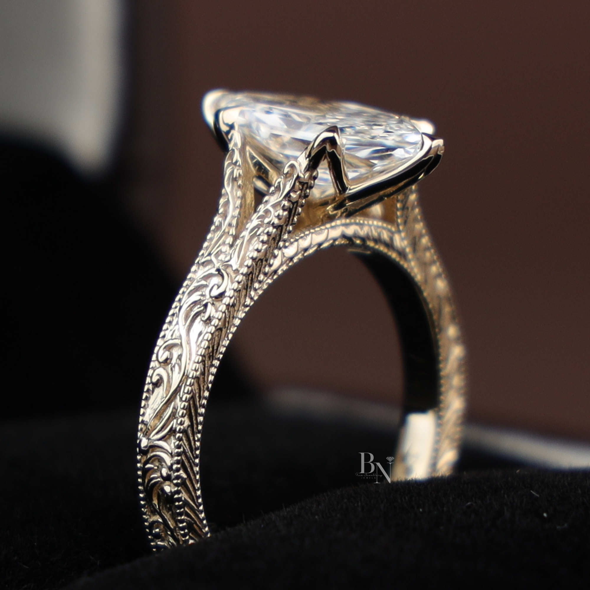 3ct Dutch Marquise Lab Grown Diamond Engagement Ring | Vintage Engraved 14k Yellow Gold Band | Solitaire Marquise Ring |