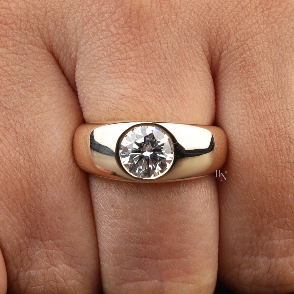 1.5ct Round Lab Grown Diamond Engagement Ring | Bezel Set Solitaire | 14K Yellow Gold Wide Band | IGI Certified |