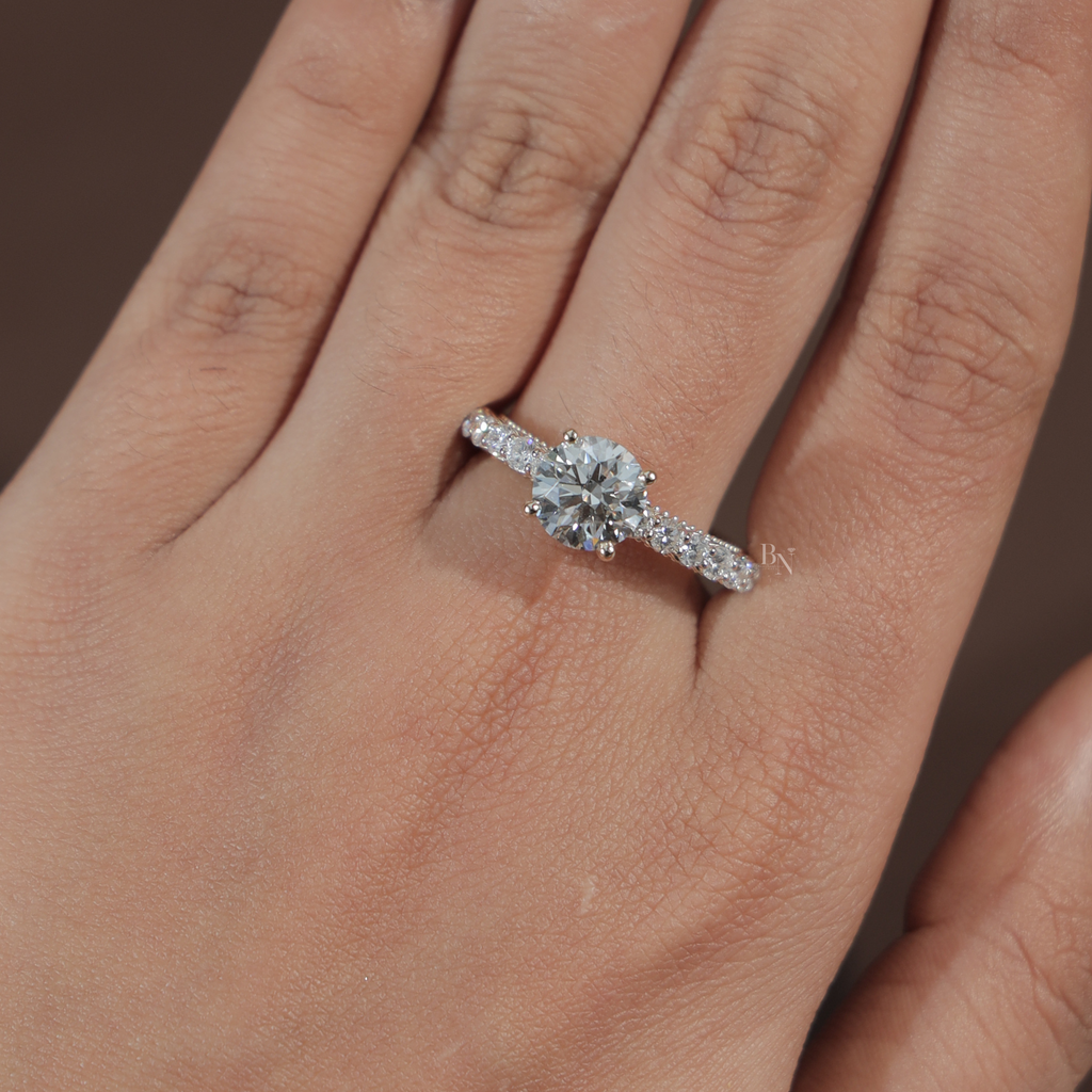 2ct Round Brilliant Lab Grown Diamond Engagement Ring | 14K Rose Gold Filigree Gallery | Pavé Diamond Band | Milgrain Vintage Bridal Ring