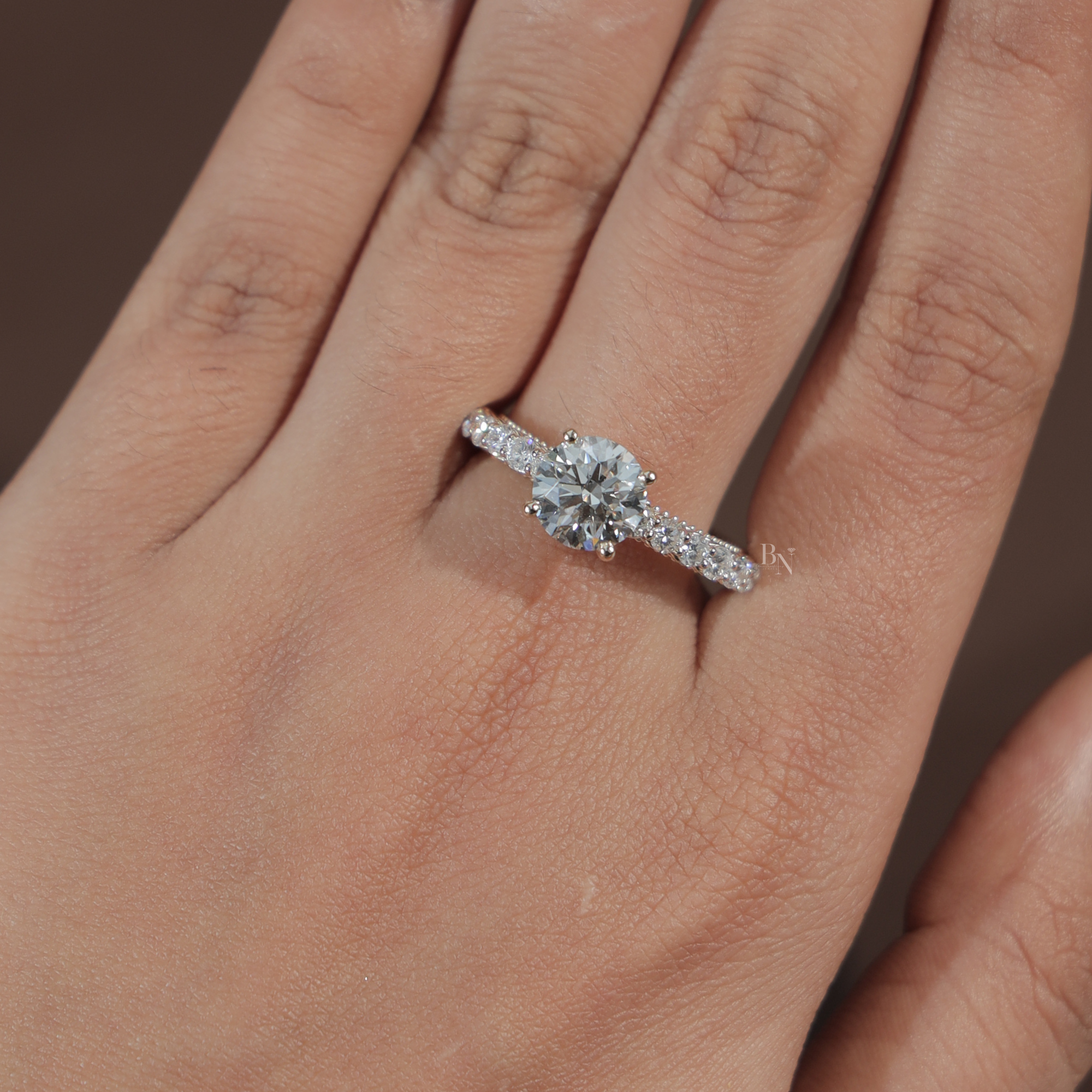 2ct Round Brilliant Lab Grown Diamond Engagement Ring | 14K Rose Gold Filigree Gallery | Pavé Diamond Band | Milgrain Vintage Bridal Ring