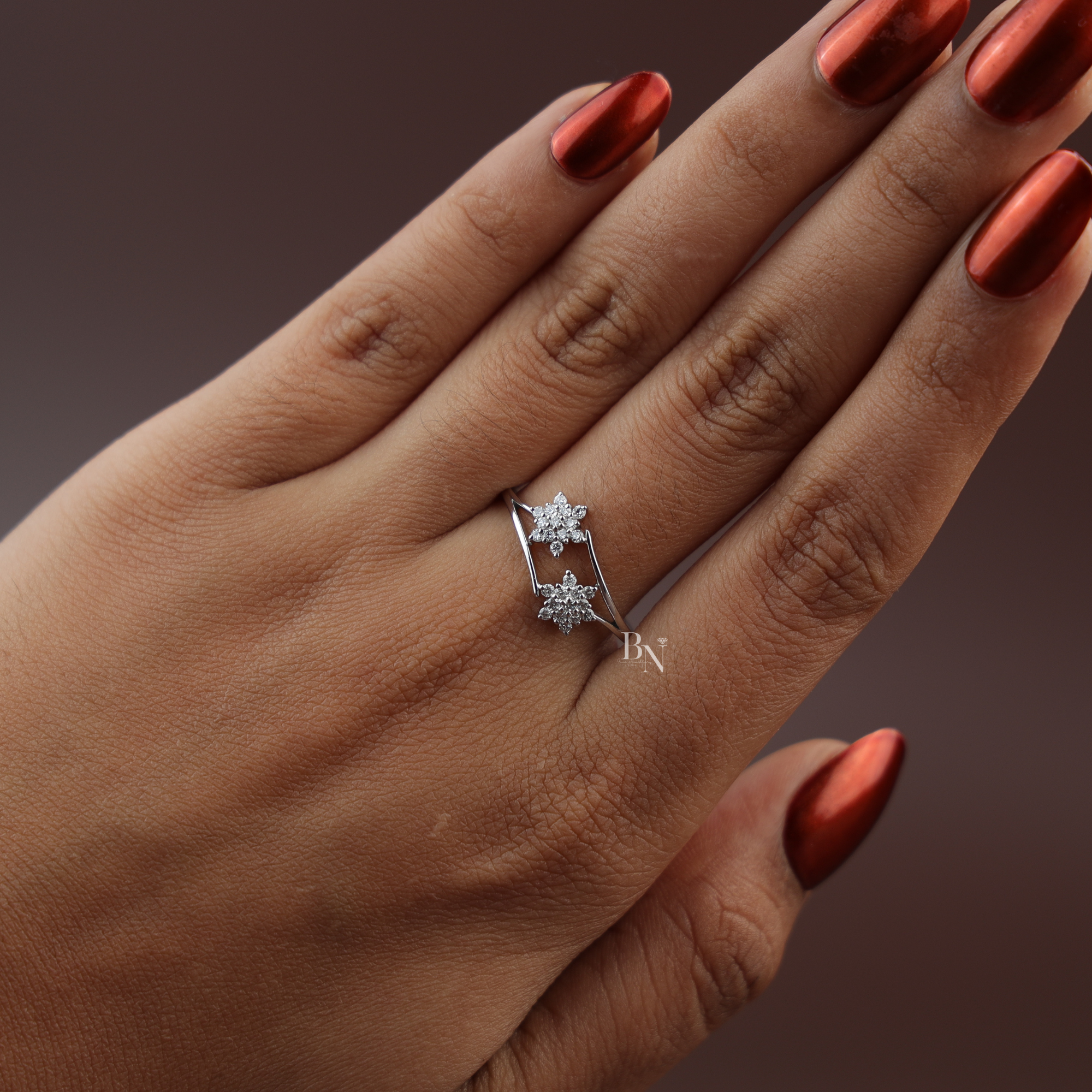 Lab Diamond Open Bypass Ring, 14K White Gold Star Cluster Ring, Modern Floral Wrap Ring, Dainty Stacking Ring, Personalized Bridal Gift