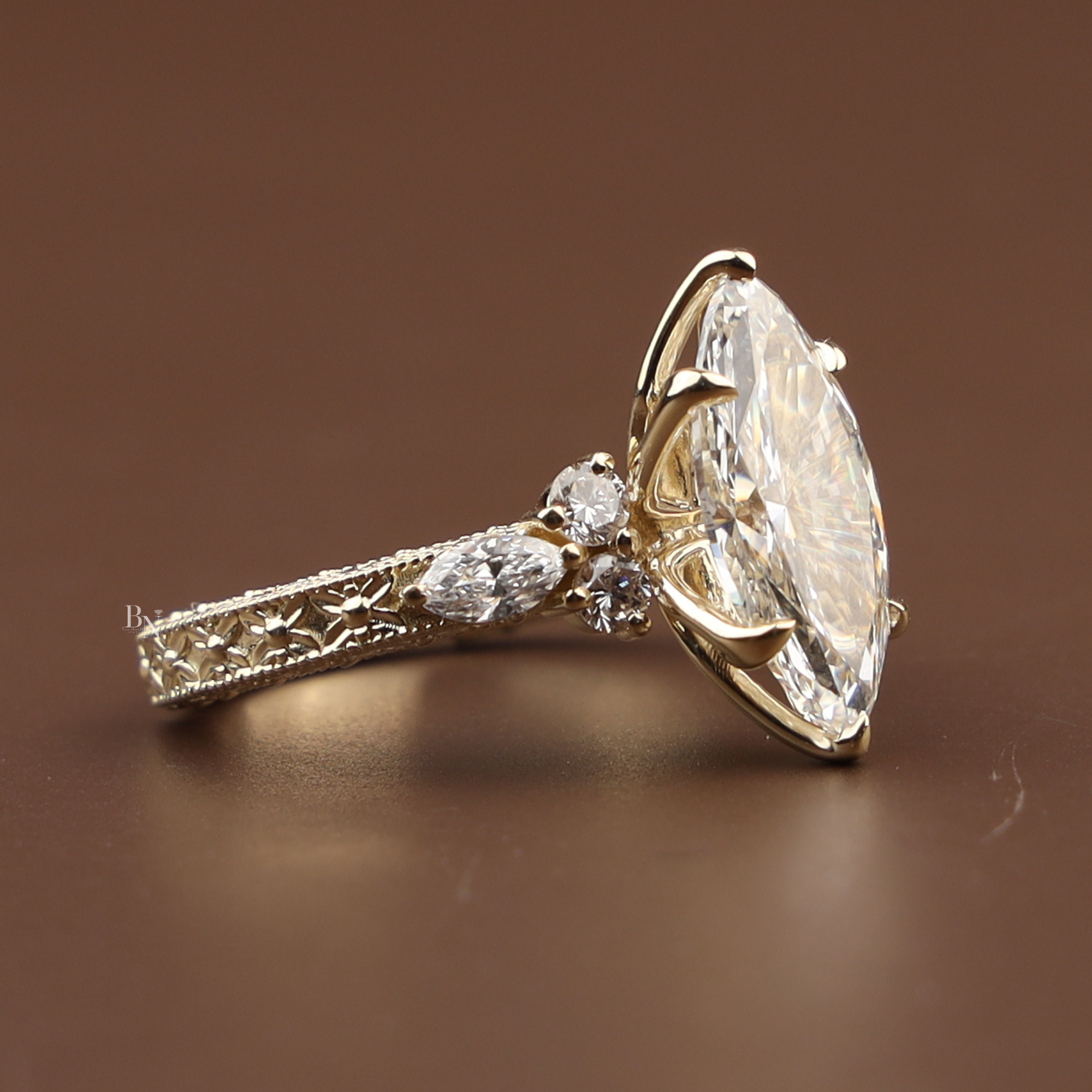 3ct Marquise Lab Grown Diamond Engagement Ring |  Gold Vintage Filigree Ring |  Lotus Setting | Antique Bridal Ring