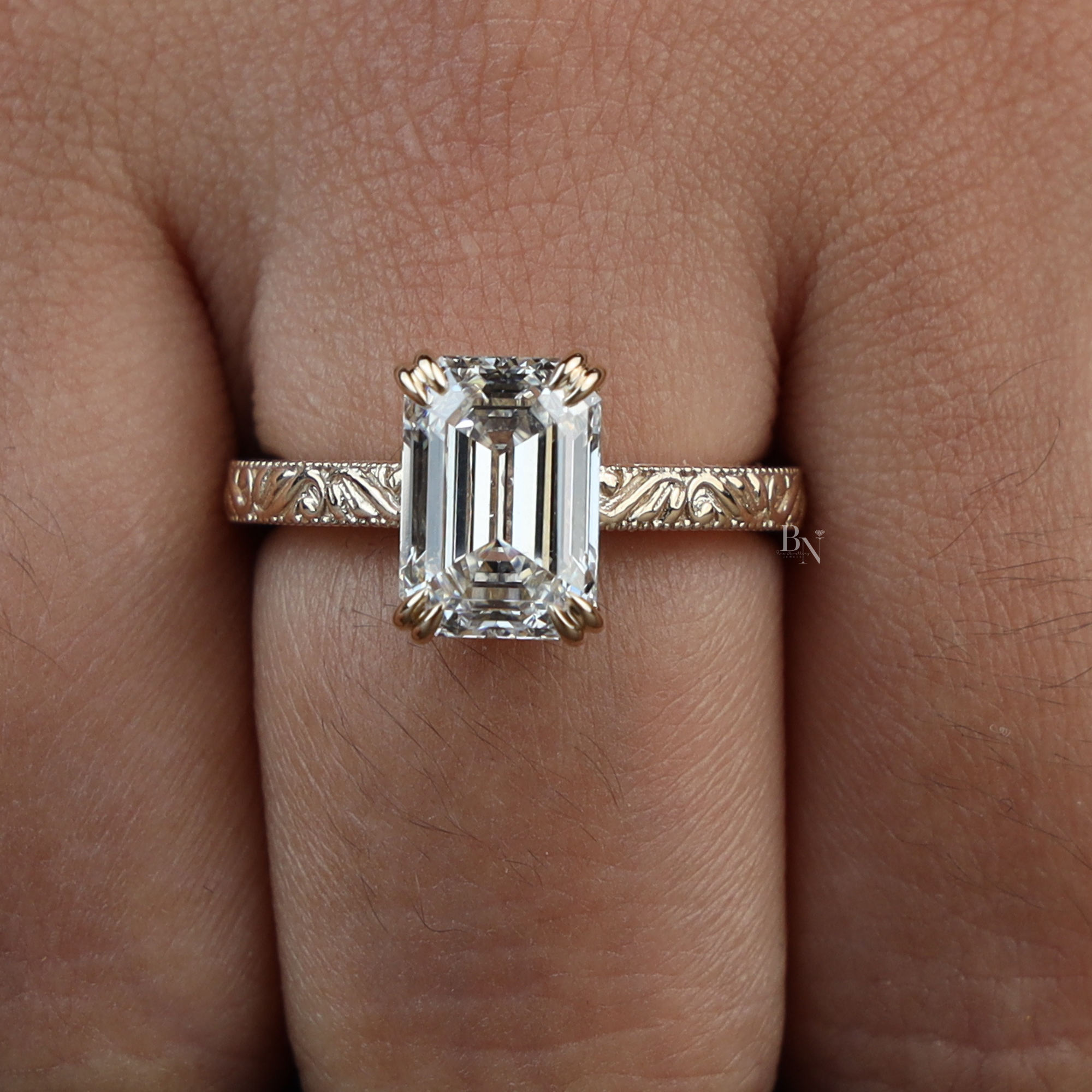 3ct Emerald Cut Lab Grown Diamond Engagement Ring | Vintage Engraved Gold Solitaire | Art Deco Antique Inspired |