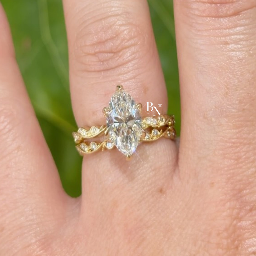 3.00 CT Marquise Cut Lab Diamond Engagement Ring, 14K Yellow Gold Vintage Vine Wedding Ring, Marquise Solitaire Bridal Set, Anniversary Gift