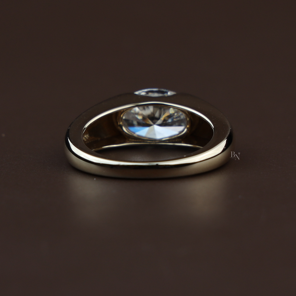 2.5ct East West Oval Lab Grown Diamond Engagement Ring | 14K Yellow Gold Half Bezel Signet Ring | IGI Certified Diamond | Modern Band