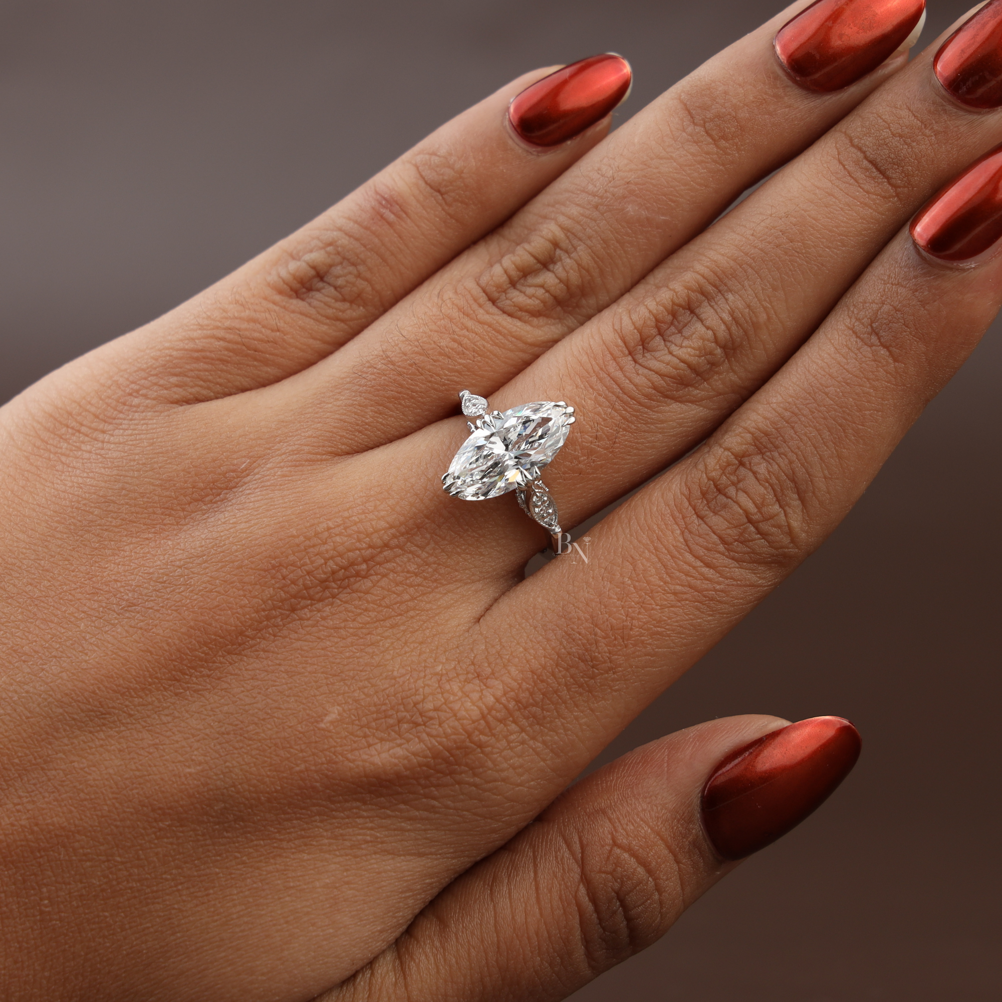 3ct Moval Cut Lab Grown Diamond Engagement Ring | 14K White Gold Vintage Solitaire | Milgrain Navette Band| Art Deco Promise