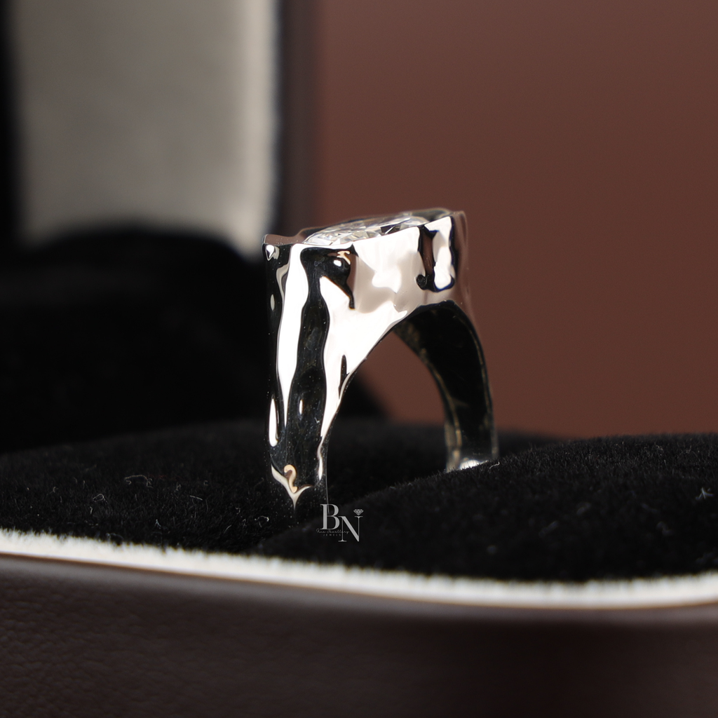 3ct Oval Lab Diamond Molten Bezel Ring, Platinum Heavy Signet Engagement Ring, Unique Chunky Wedding Ring, Asymmetric Bridal Jewelry