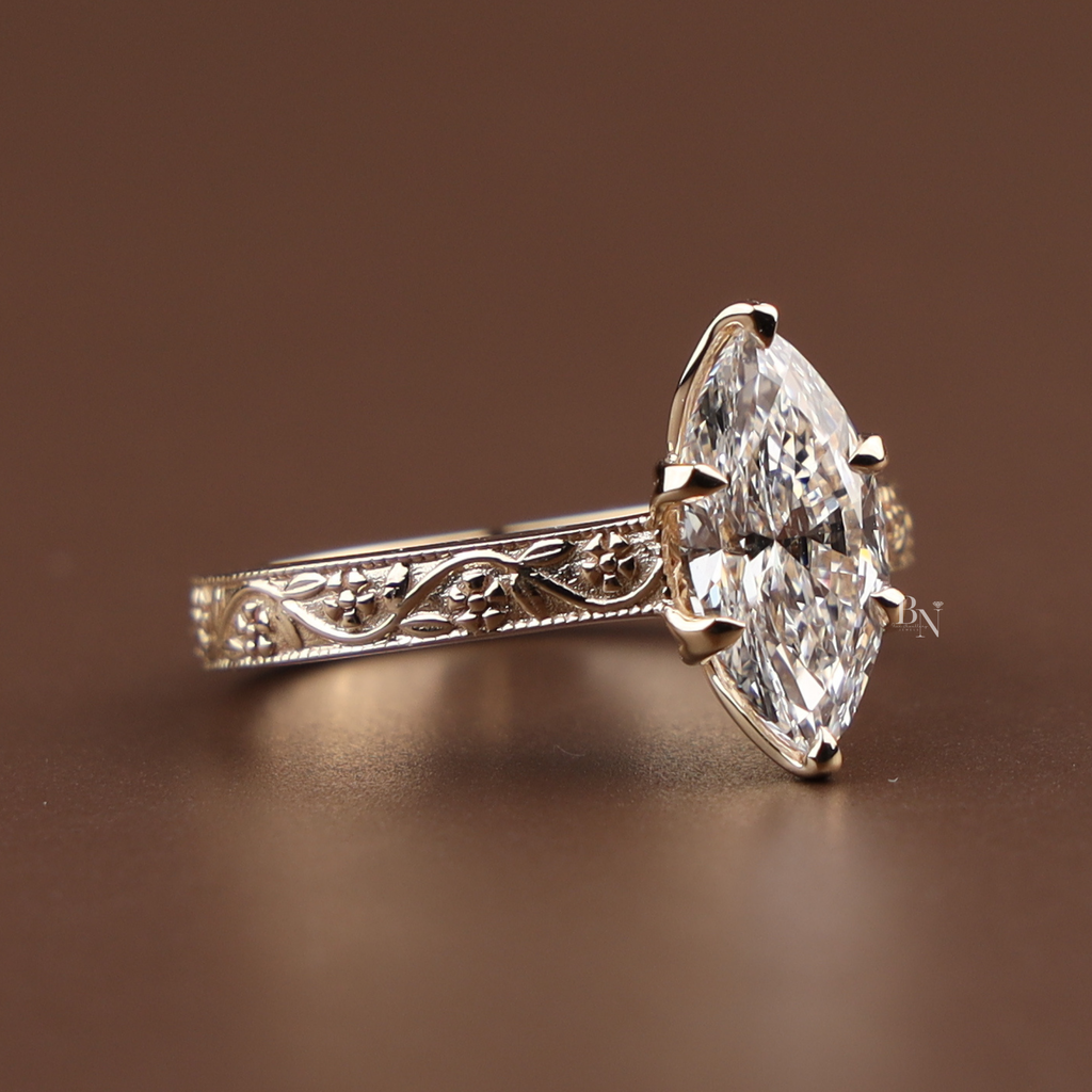 2 Carat Marquise Lab Grown Diamond Ring | Vintage Engraved Engagement Ring | Art Deco Wedding Band | Heirloom Quality Solitaire