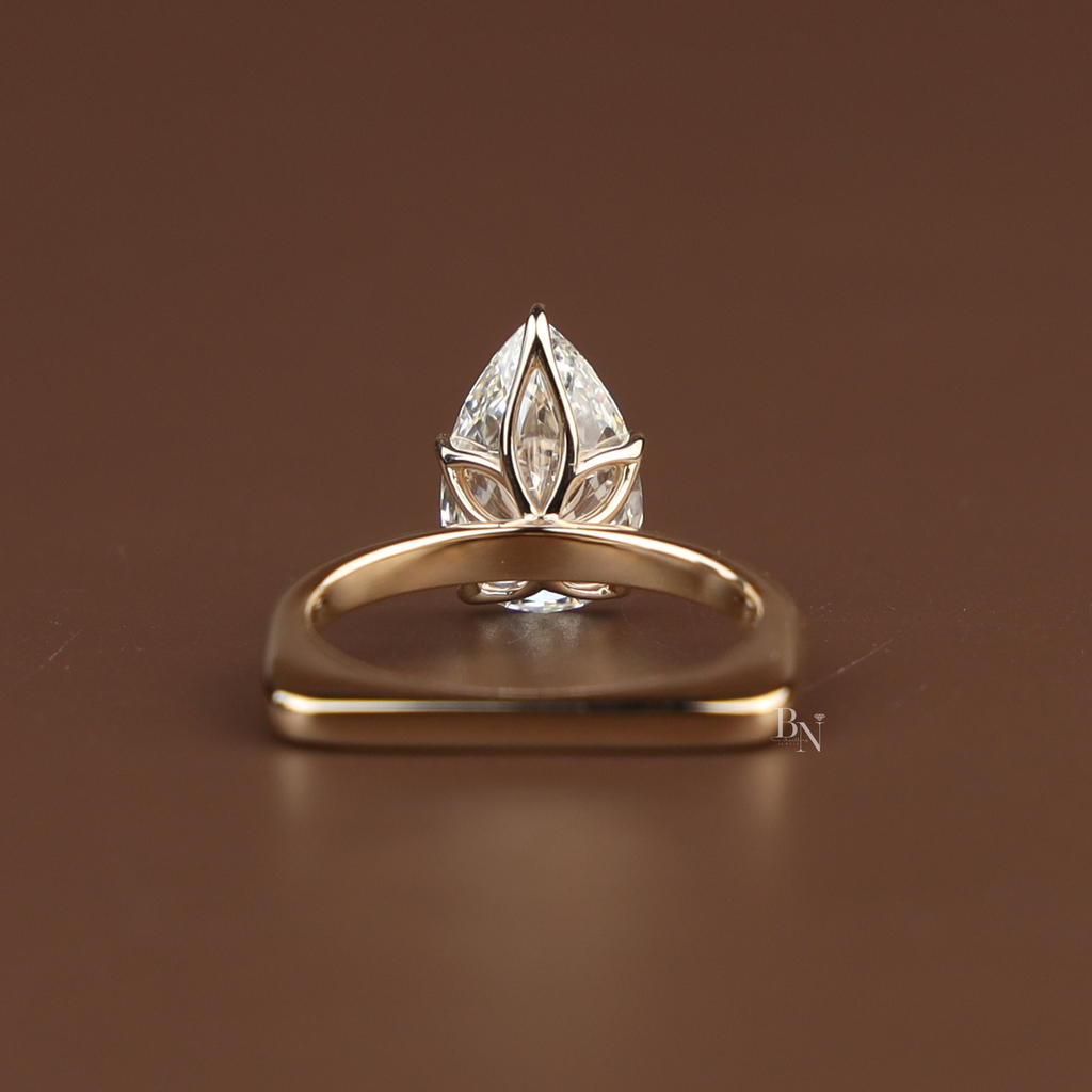 2ct Pear Cut Lab Grown Diamond Engagement Ring | 14K Yellow Gold Lotus Solitaire | Dainty Teardrop Proposal Ring | IGI Certified