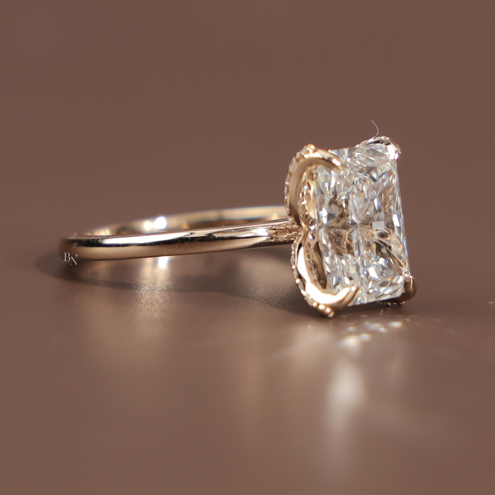 3.5ct Radiant Cut Lab Grown Diamond Engagement Ring | Hidden Halo Pave Bridge | 14K Yellow Gold Bridal Ring | Type IIa IGI Certified Diamond