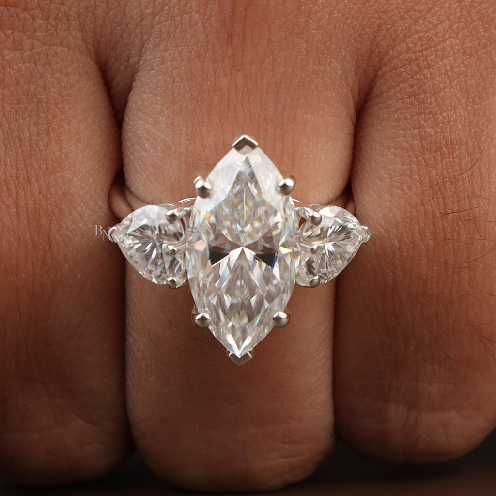 5.50ct Marquise Lab Grown Diamond Engagement Ring | Heart Side Stones | 14K White Gold Three Stone Ring | IGI Certified | V-Tip Solitaire