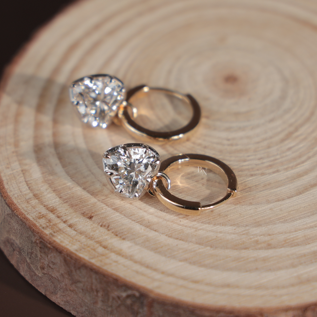 3ct Heart Cut Lab Grown Diamond Earrings | 18K Yellow Gold Hidden Halo Hoops | IGI Certified Lab Diamond Studs | Pave Bridal Jewelry Gift
