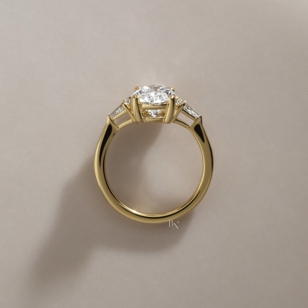 2.5ct Oval Lab Grown Diamond Engagement Ring | 14K Yellow Gold | Pear Side Stones | Three Stone Bridal Ring |