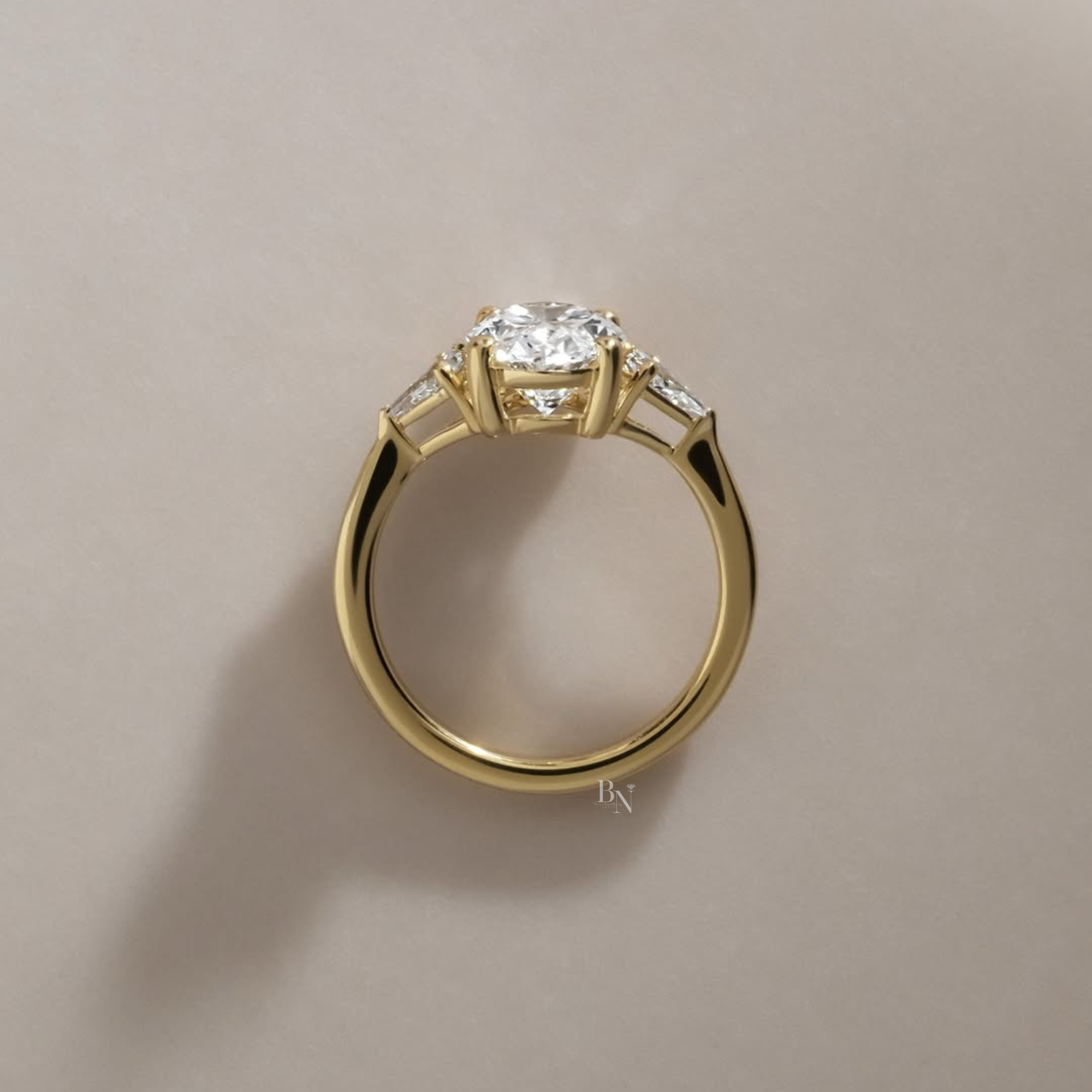 2.5ct Oval Lab Grown Diamond Engagement Ring | 14K Yellow Gold | Pear Side Stones | Three Stone Bridal Ring |