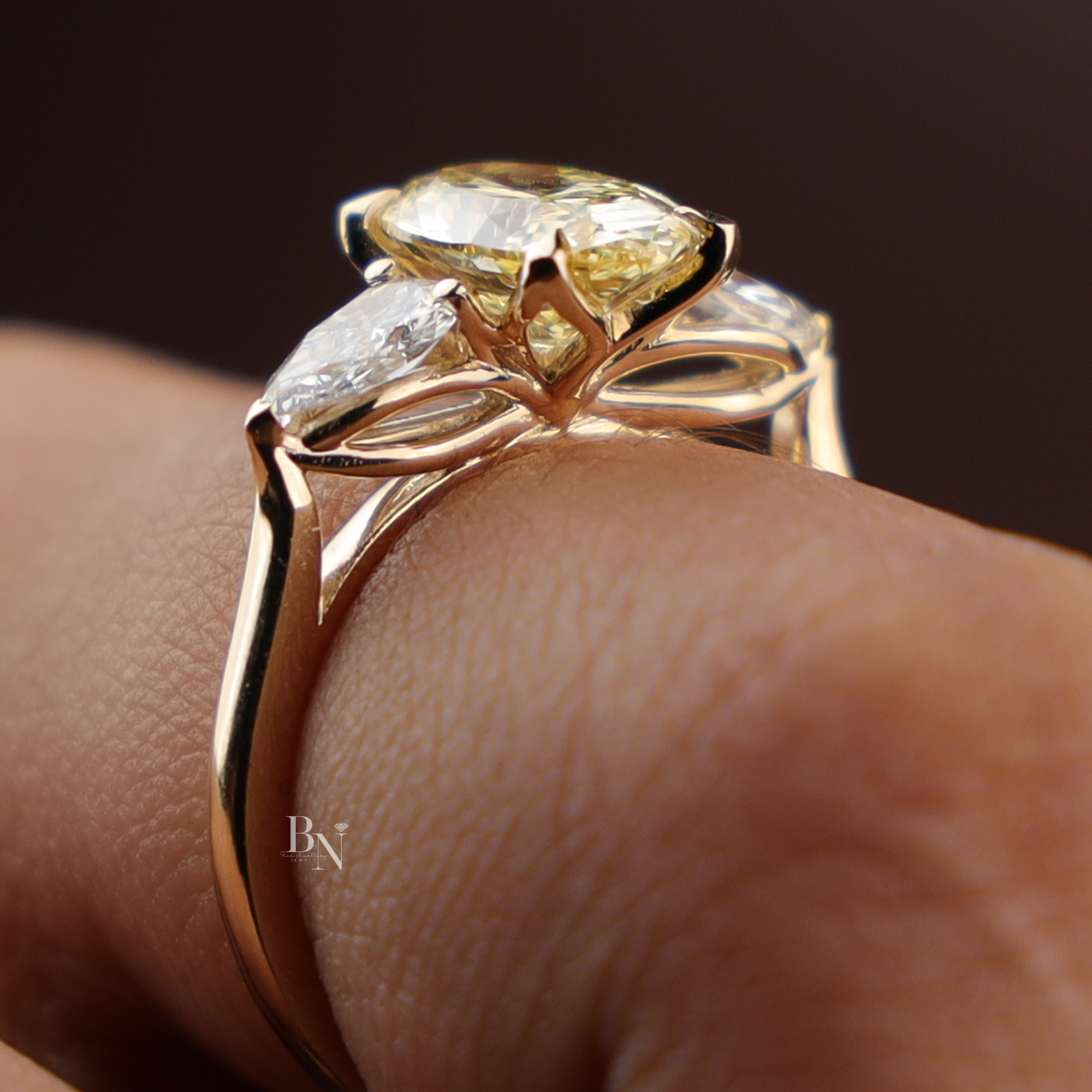 2ct Fancy Yellow Oval Lab Grown Diamond Engagement Ring | 14K Yellow Gold Three Stone Ring | Pear Cut