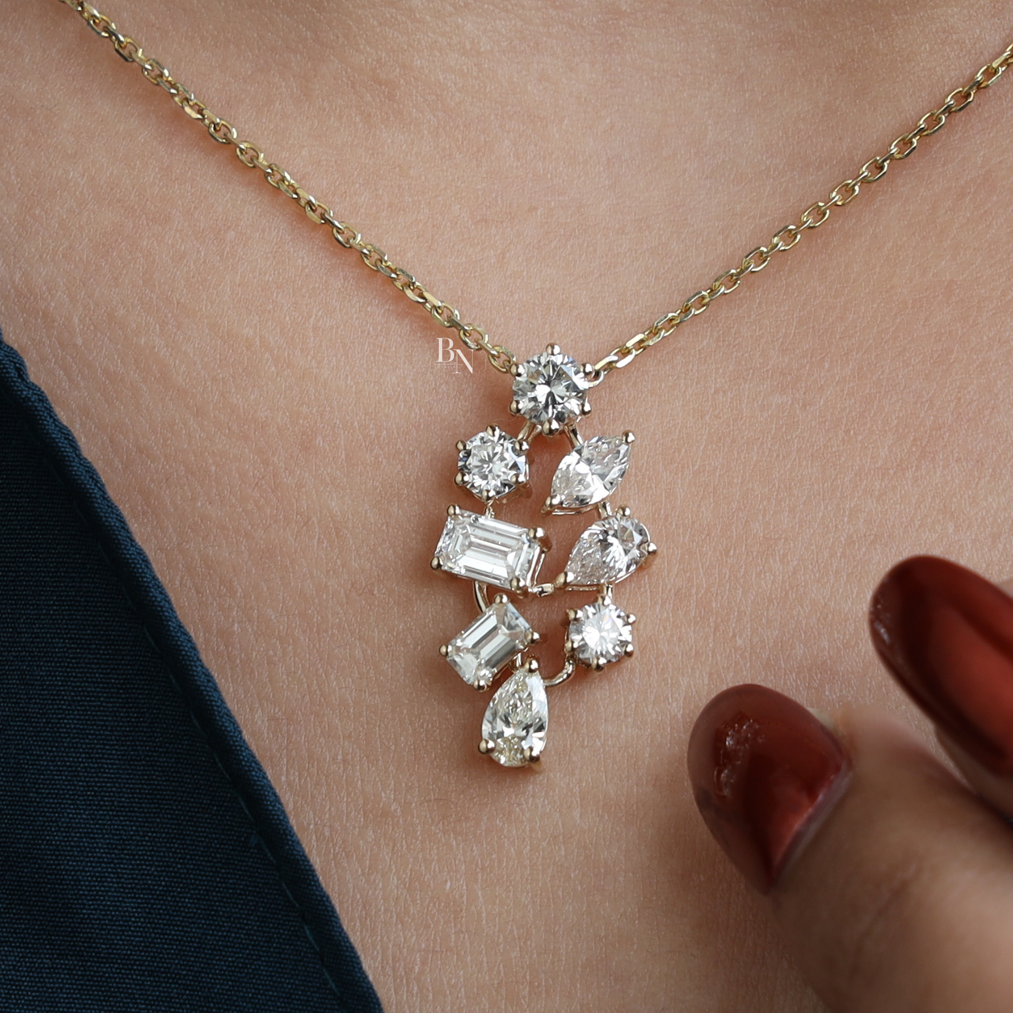 2.50ct Lab Grown Diamond Cluster Pendant | 14K Yellow Gold Mixed Cut Necklace