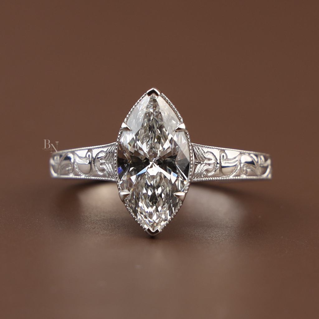 3ct Marquise Lab Diamond Engagement Ring | Vintage Art Deco Style | Engraved Antique Band | Milgrain Setting |Unique Proposal Ring