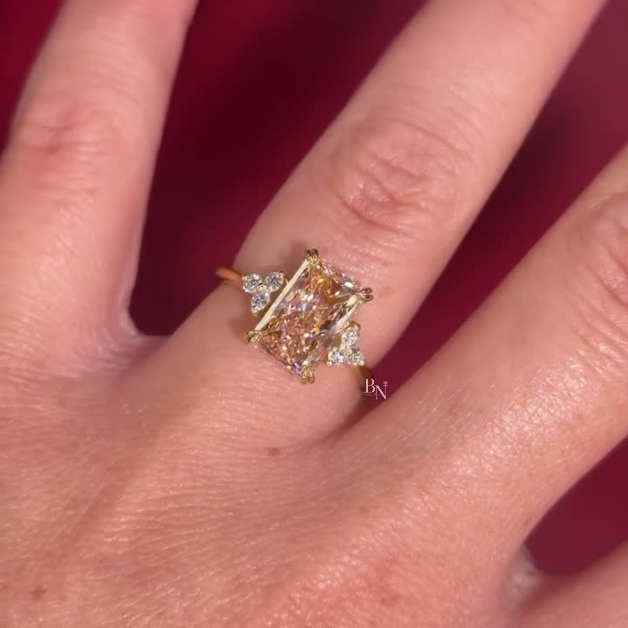 3ct Fancy Yellow Radiant Cut Lab Grown Diamond Engagement Ring | 14K Gold Hidden Halo | Yellow Diamond Three Stone Ring |