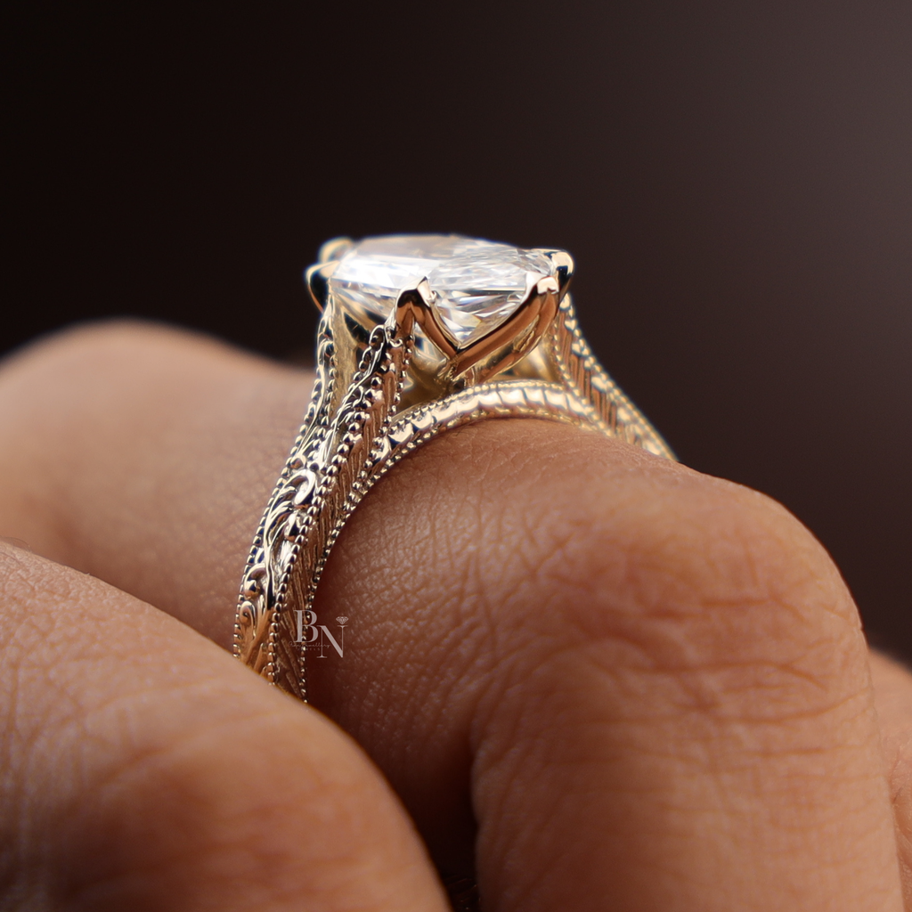 3ct Dutch Marquise Lab Grown Diamond Engagement Ring | Vintage Engraved 14k Yellow Gold Band | Solitaire Marquise Ring |