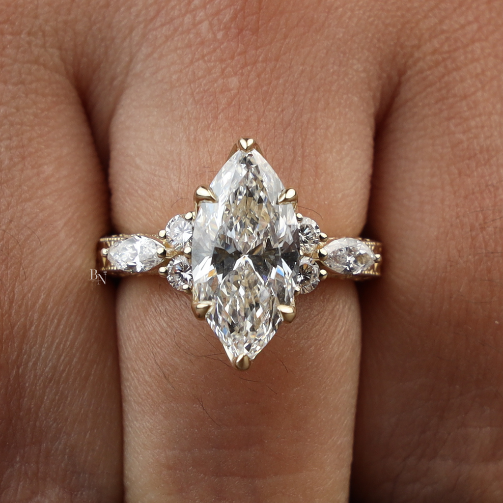 3ct Marquise Lab Grown Diamond Engagement Ring |  Gold Vintage Filigree Ring |  Lotus Setting | Antique Bridal Ring