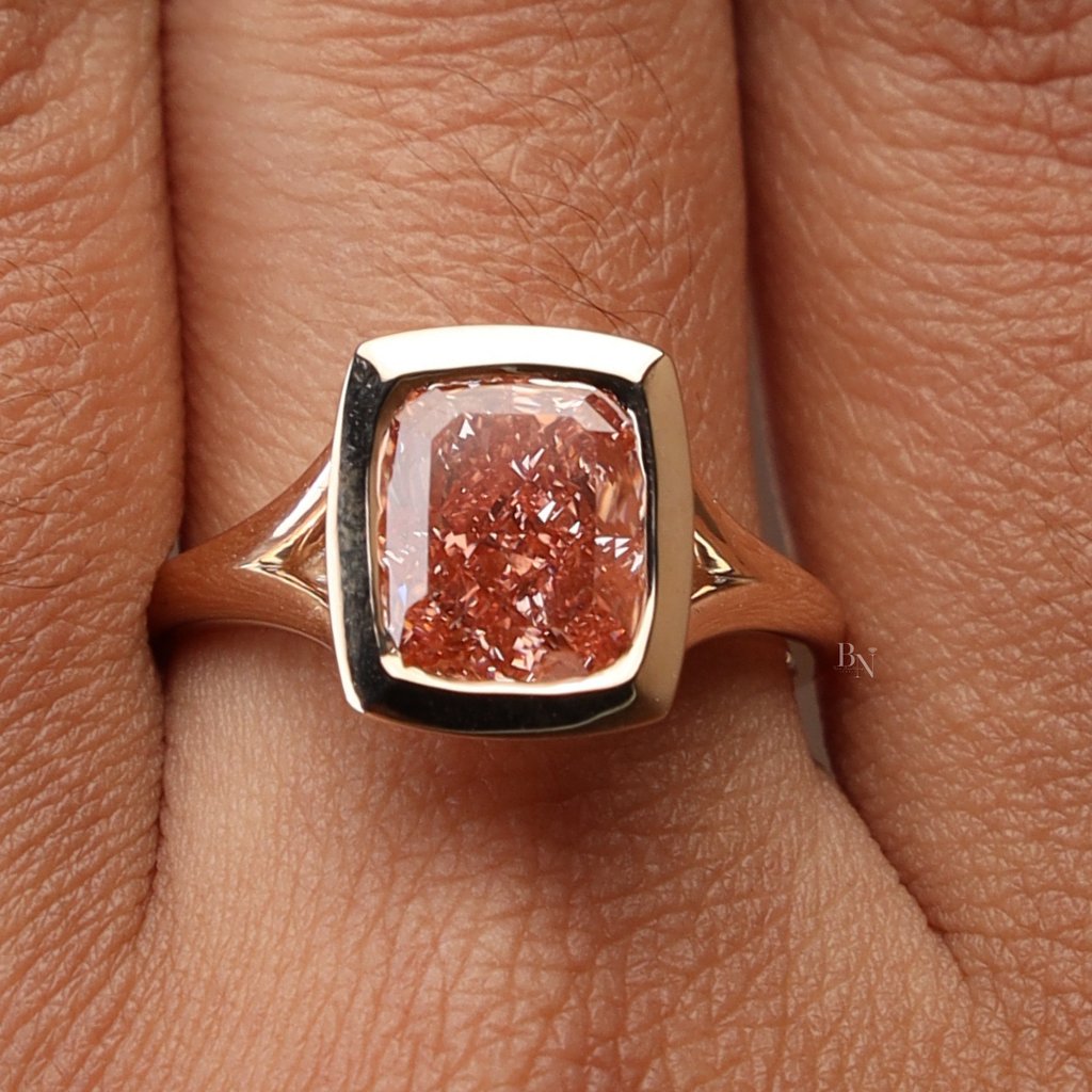 3ct Cushion Cut Fancy Pink Lab Grown Diamond Engagement Ring | 14K Solid Gold Bezel Set Solitaire | Split Shank Cathedral Bridal Ring | IGI