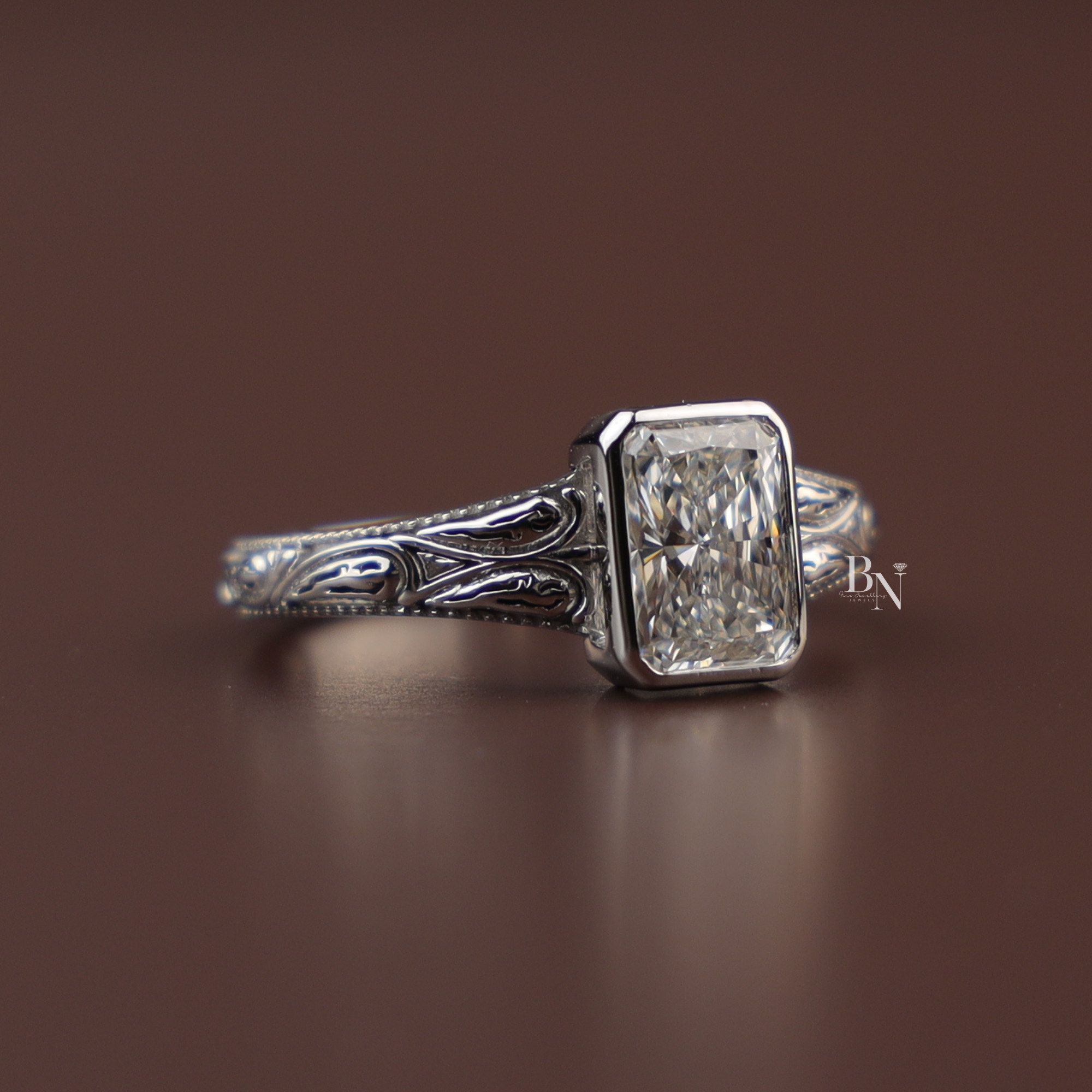 1.5ct Radiant Lab Diamond Engagement Ring , Vintage Engraved Bezel Set Ring , Art Deco Style Wedding Ring , Antique Inspired