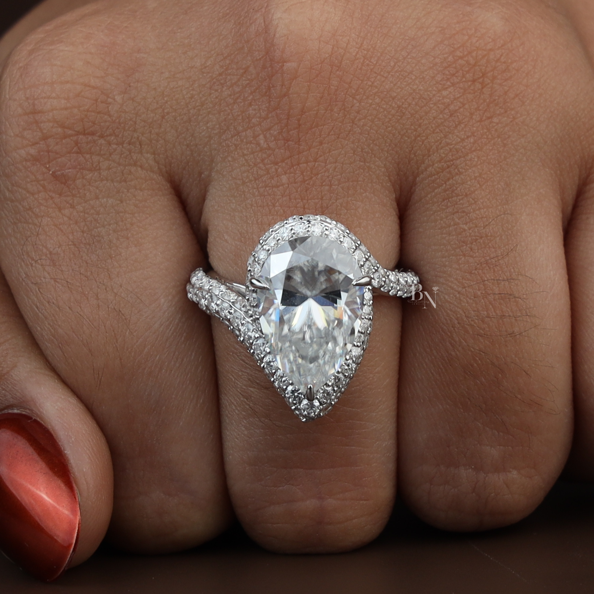 5.50ct Pear Moissanite Engagement Ring | 14K White Gold Triple Pave Bypass Band | Double Halo Sparkle Ring | High Brilliance Bridal Jewelry