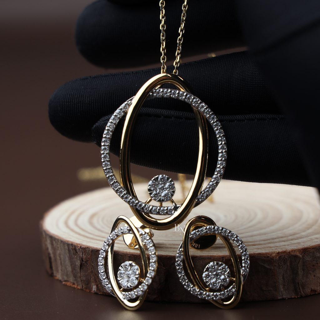 1.50ctw Oval Lab Grown Diamond Necklace Set | 14K Gold Interlocking Circle Pendant | Diamond Halo Earrings | Anniversary Gift (ONLY PENDANT)