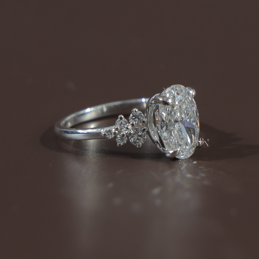 2 Carat Oval Lab Grown Diamond Engagement Ring | 14K White Gold Cluster Setting | IGI Certified | Unique Bridal Anniversary Ring |