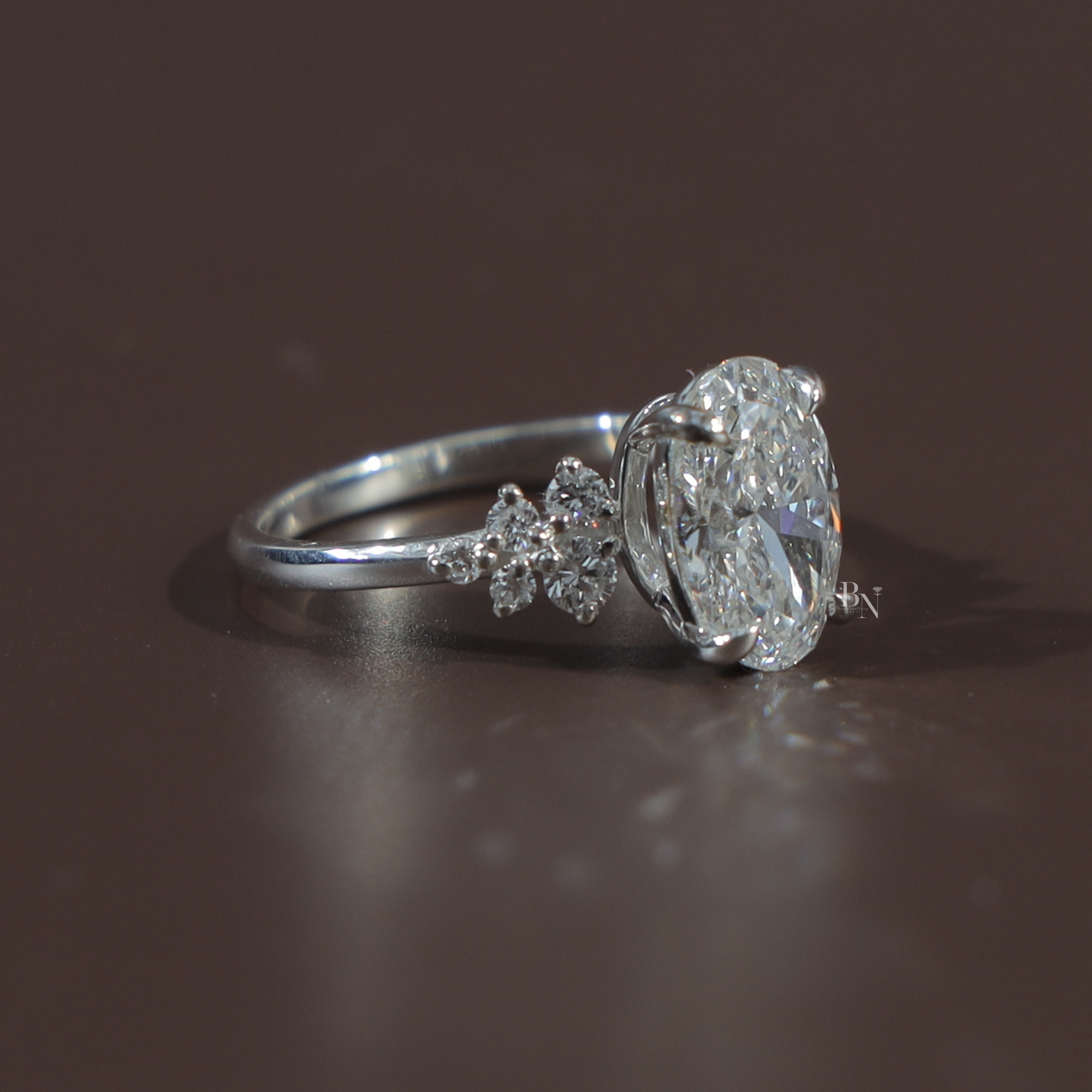 2 Carat Oval Lab Grown Diamond Engagement Ring | 14K White Gold Cluster Setting | IGI Certified | Unique Bridal Anniversary Ring |