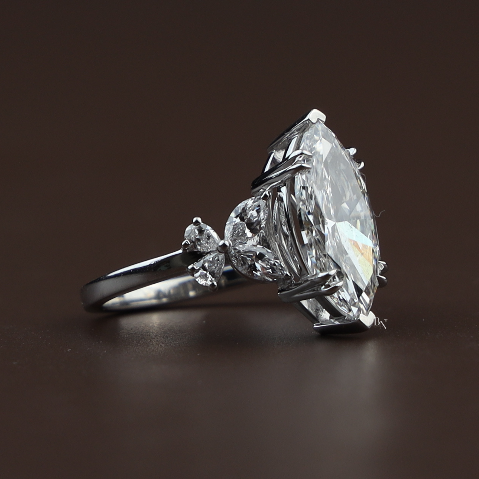 3.50ct Marquise Lab Grown Diamond Engagement Ring | Butterfly Side Stones | 14K White Gold V-Prong | IGI Certified Type IIa Bridal Jewelry