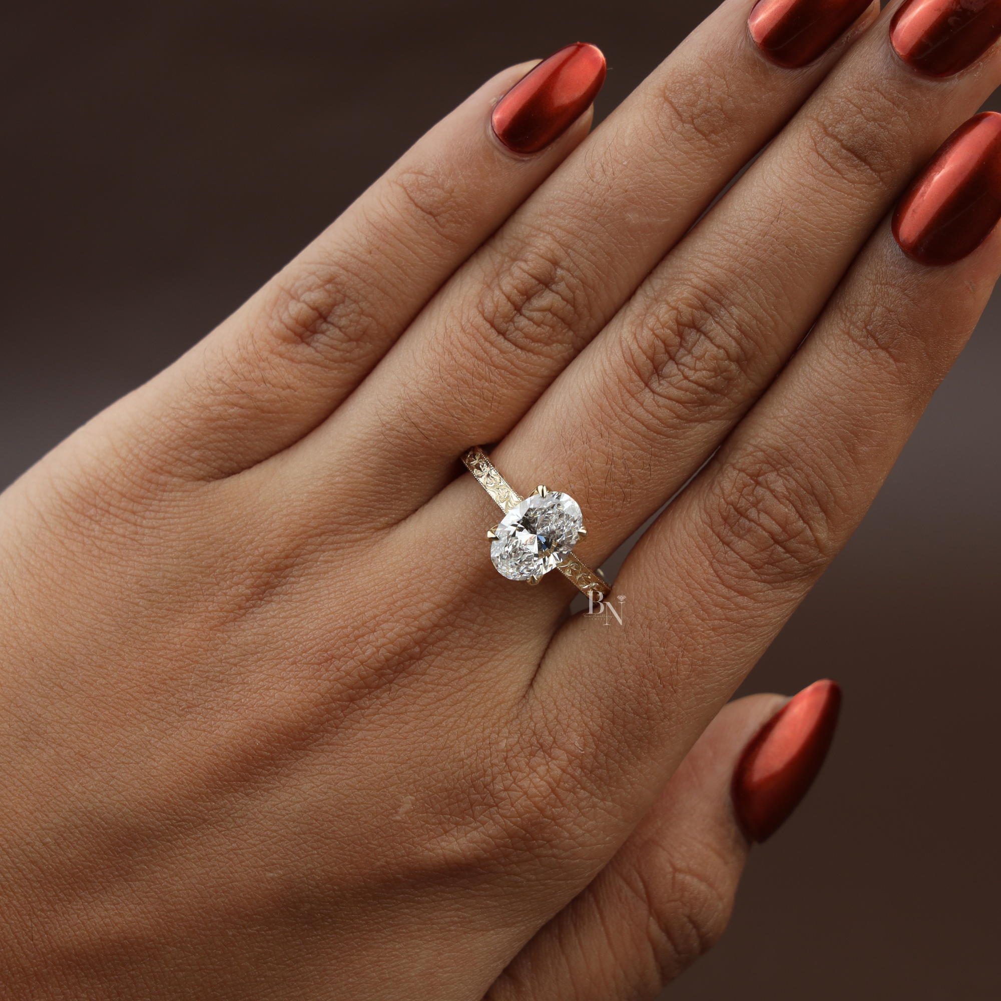 2ct Oval Lab Grown Diamond Engagement Ring | 14K Yellow Gold Vintage Hand Engraved Band | Hidden Halo Solitaire | Filigree Bridal Jewelry