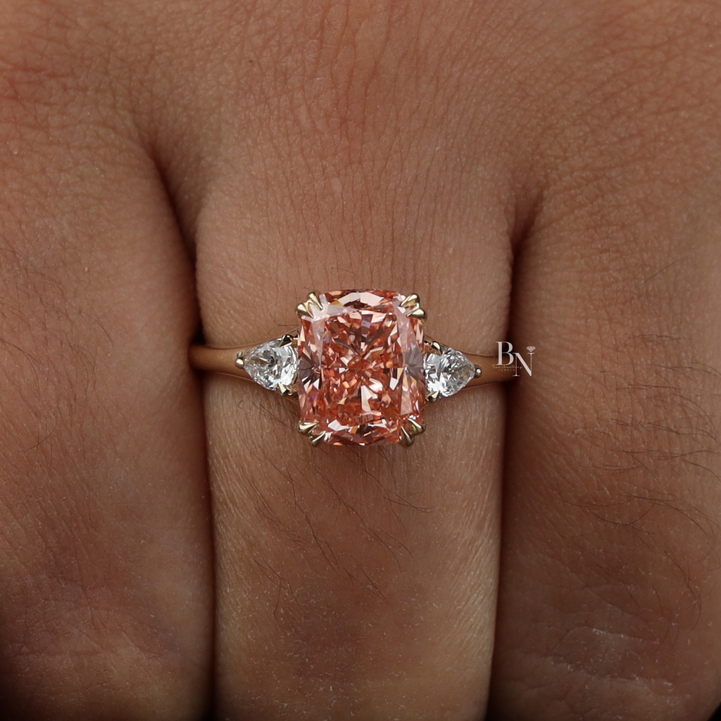 3ct Fancy Pink Cushion Lab Diamond Engagement Ring, 14K Gold Three Stone Bridal Ring, Pink Cushion Cut Anniversary Ring, Pear Side Stone Ring