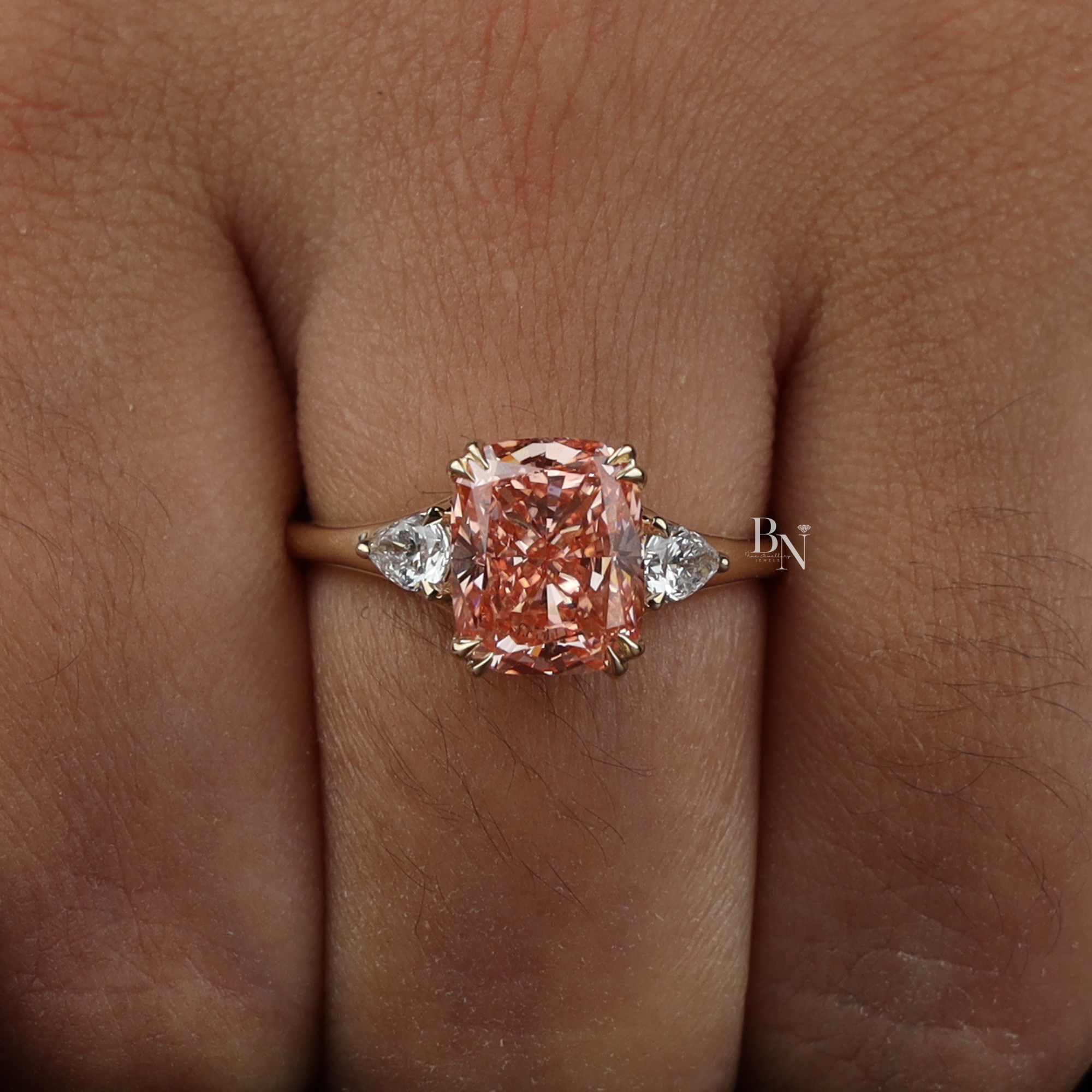 3ct Fancy Pink Cushion Lab Diamond Engagement Ring, 14K Gold Three Stone Bridal Ring, Pink Cushion Cut Anniversary Ring, Pear Side Stone Ring