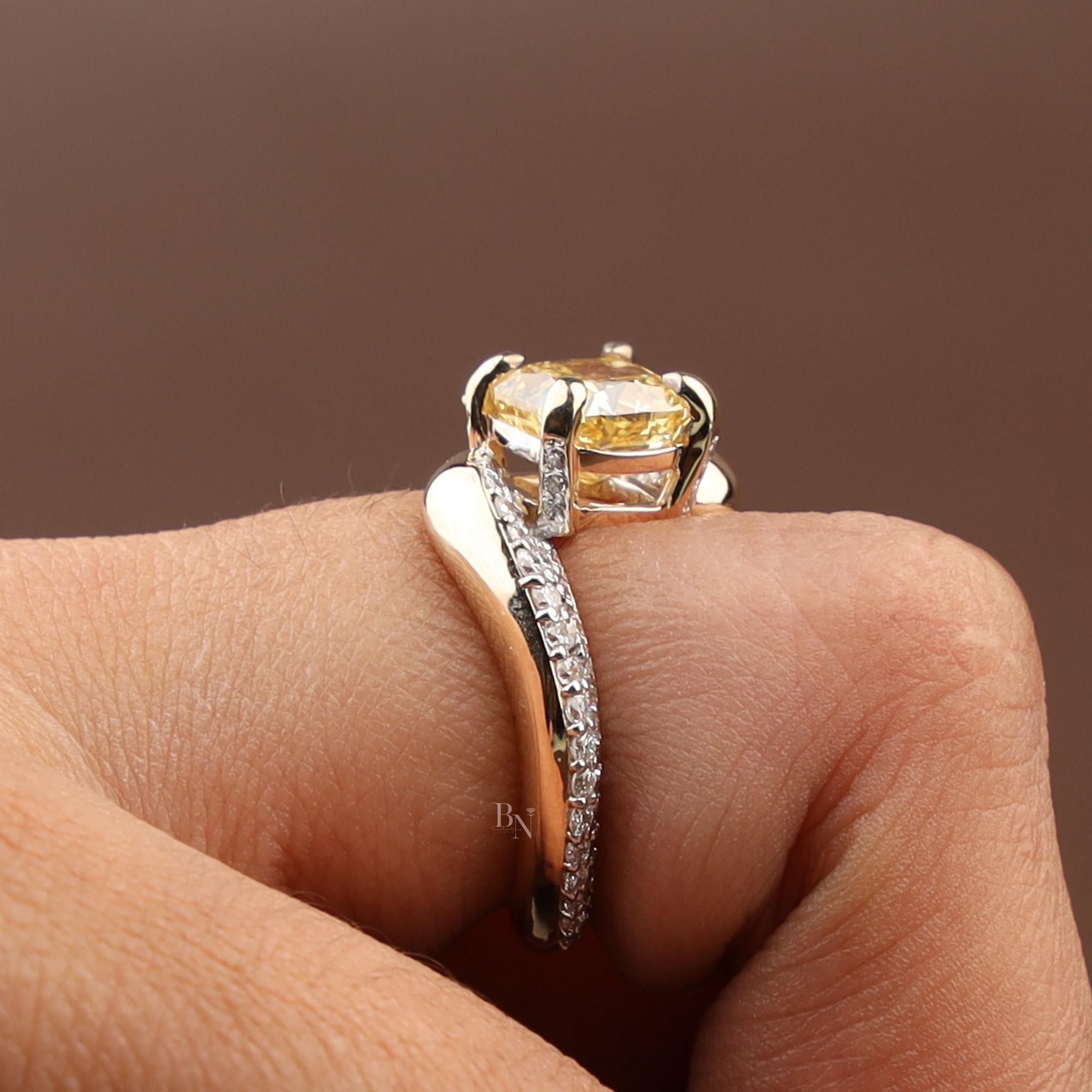 2ct Cushion Cut Fancy Yellow Lab Grown Diamond Engagement Ring | 14K Yellow Gold | Bypass Pavé Band | IGI Certified |