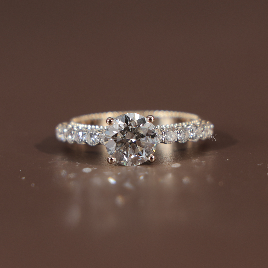 2ct Round Brilliant Lab Grown Diamond Engagement Ring | 14K Rose Gold Filigree Gallery | Pavé Diamond Band | Milgrain Vintage Bridal Ring