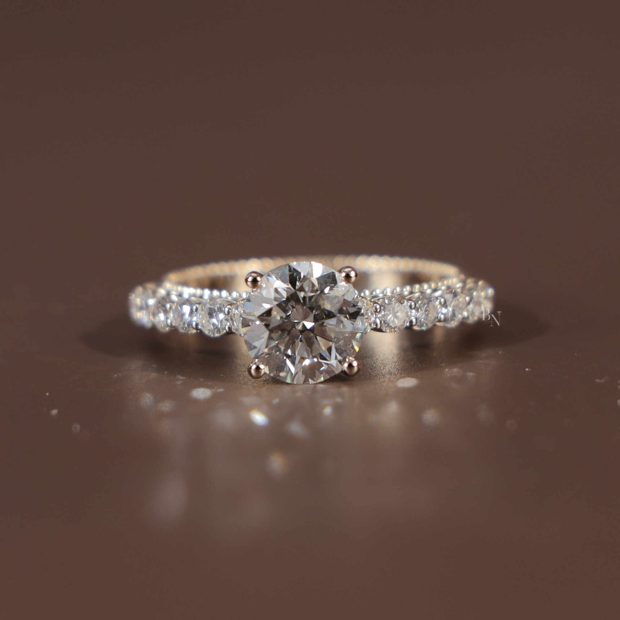 2ct Round Brilliant Lab Grown Diamond Engagement Ring | 14K Rose Gold Filigree Gallery | Pavé Diamond Band | Milgrain Vintage Bridal Ring