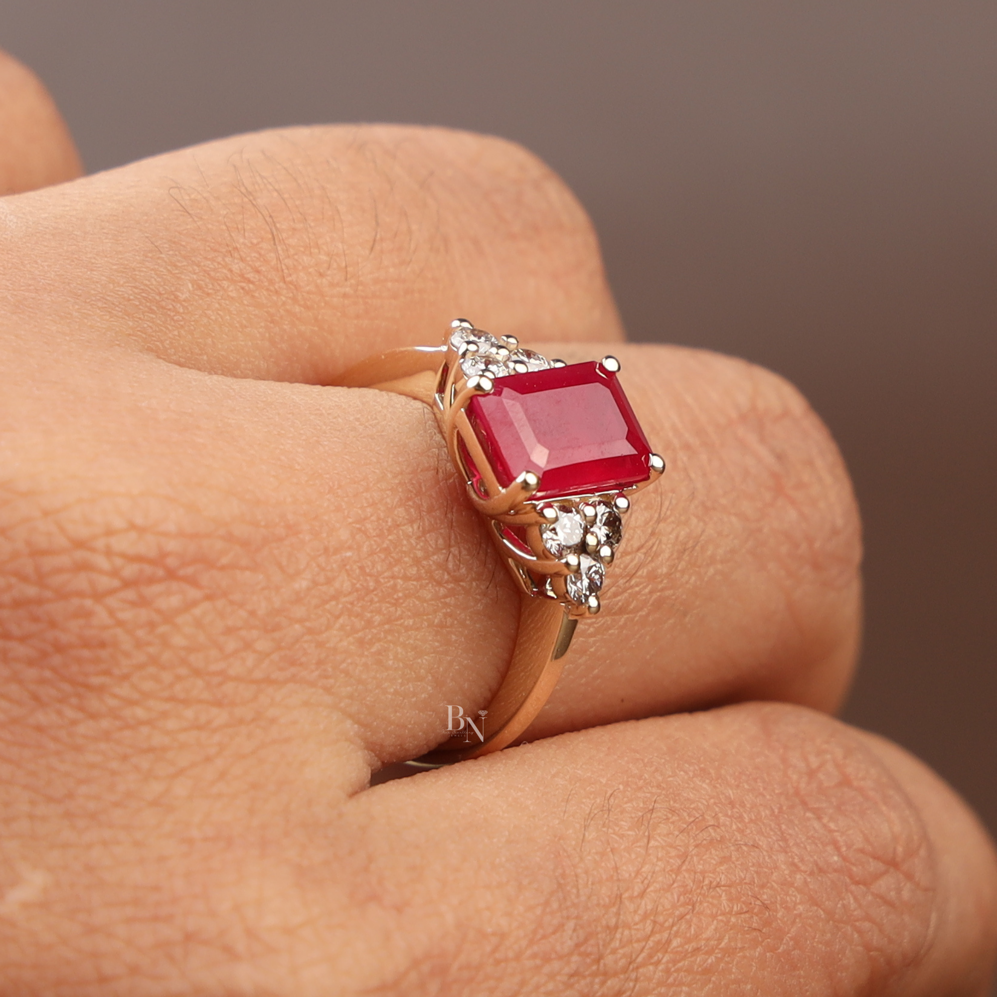 2ct Emerald Cut Red Lab Diamond Engagement Ring | 14K Yellow Gold | Hidden Halo | Triple Cluster Side Stone | Type IIa | IGI Certified Ruby